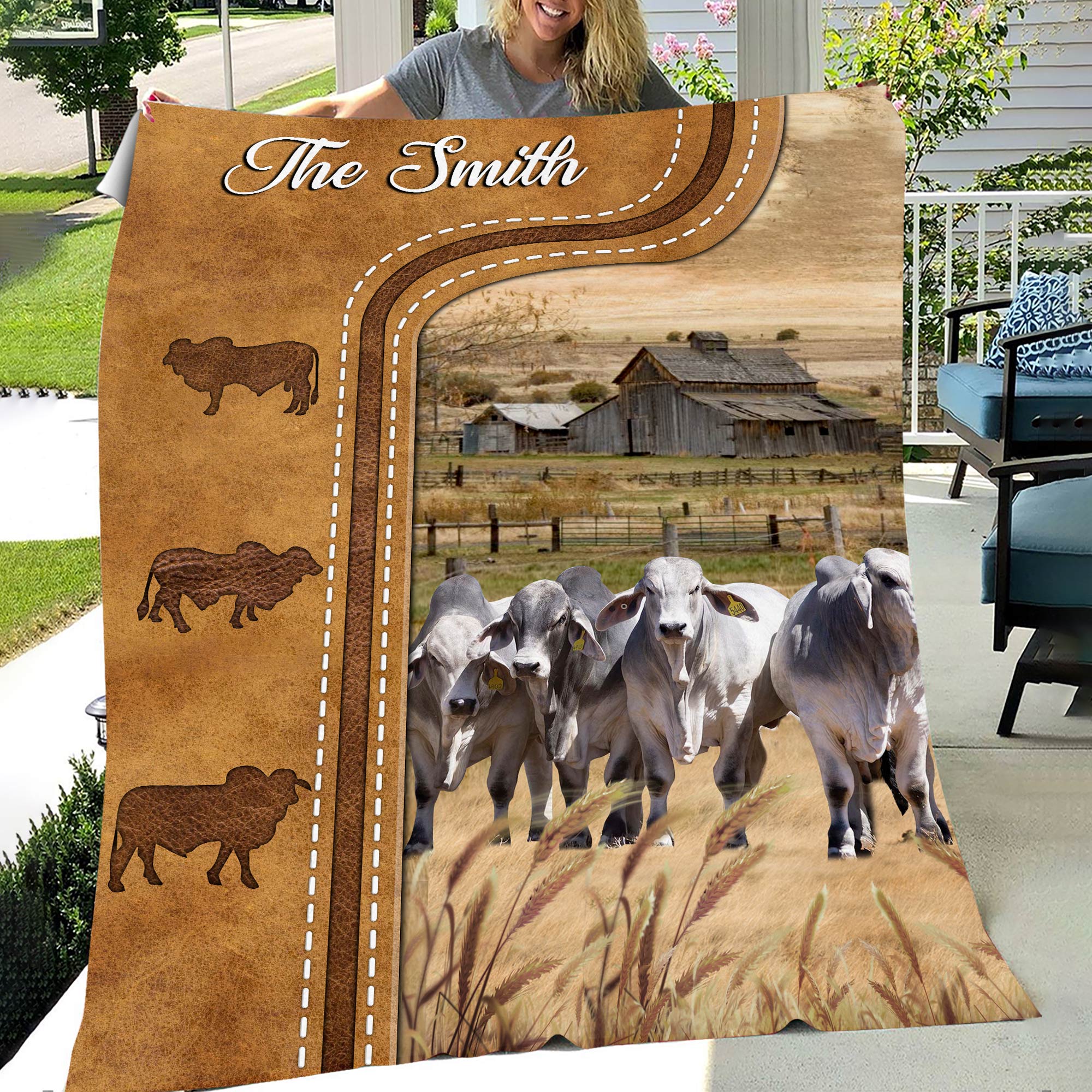 Personalized Brahman Cattle In Field Farmhouse Blanket