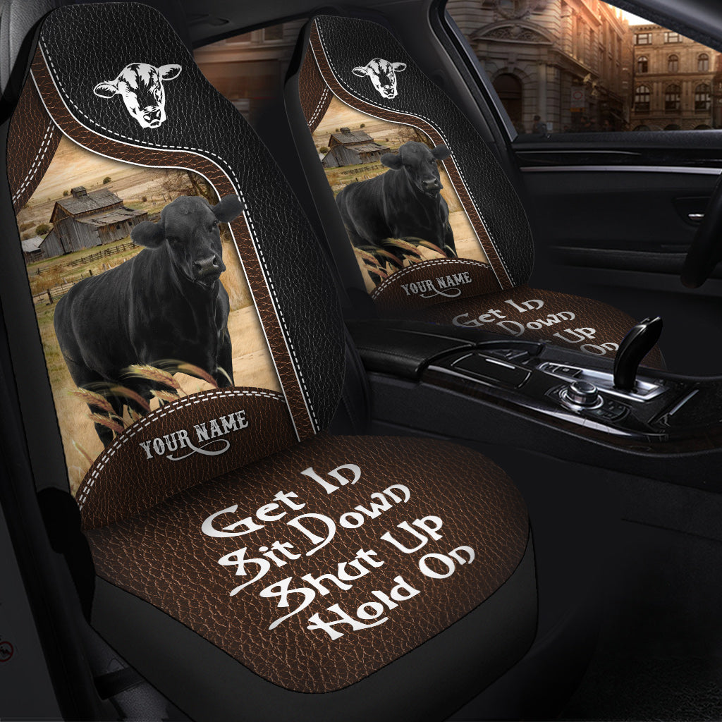 Black Angus Personalized Name Black And Brown Leather Pattern Car Seat Covers Universal Fit (2Pcs)