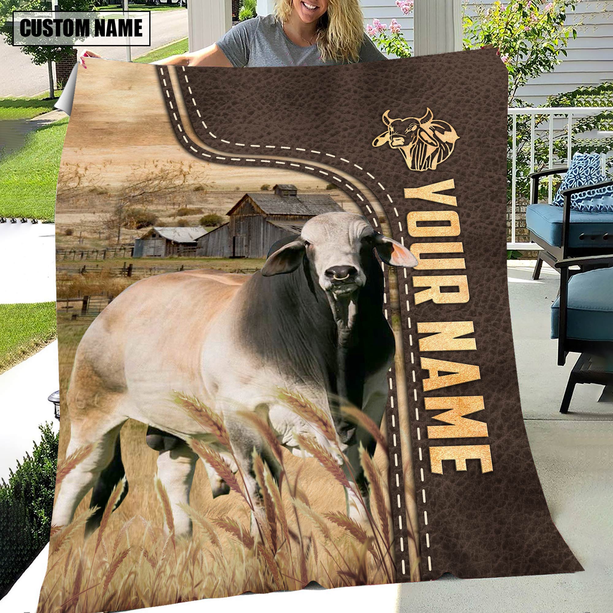 Personalized Name Brahman Leather Pattern Blanket