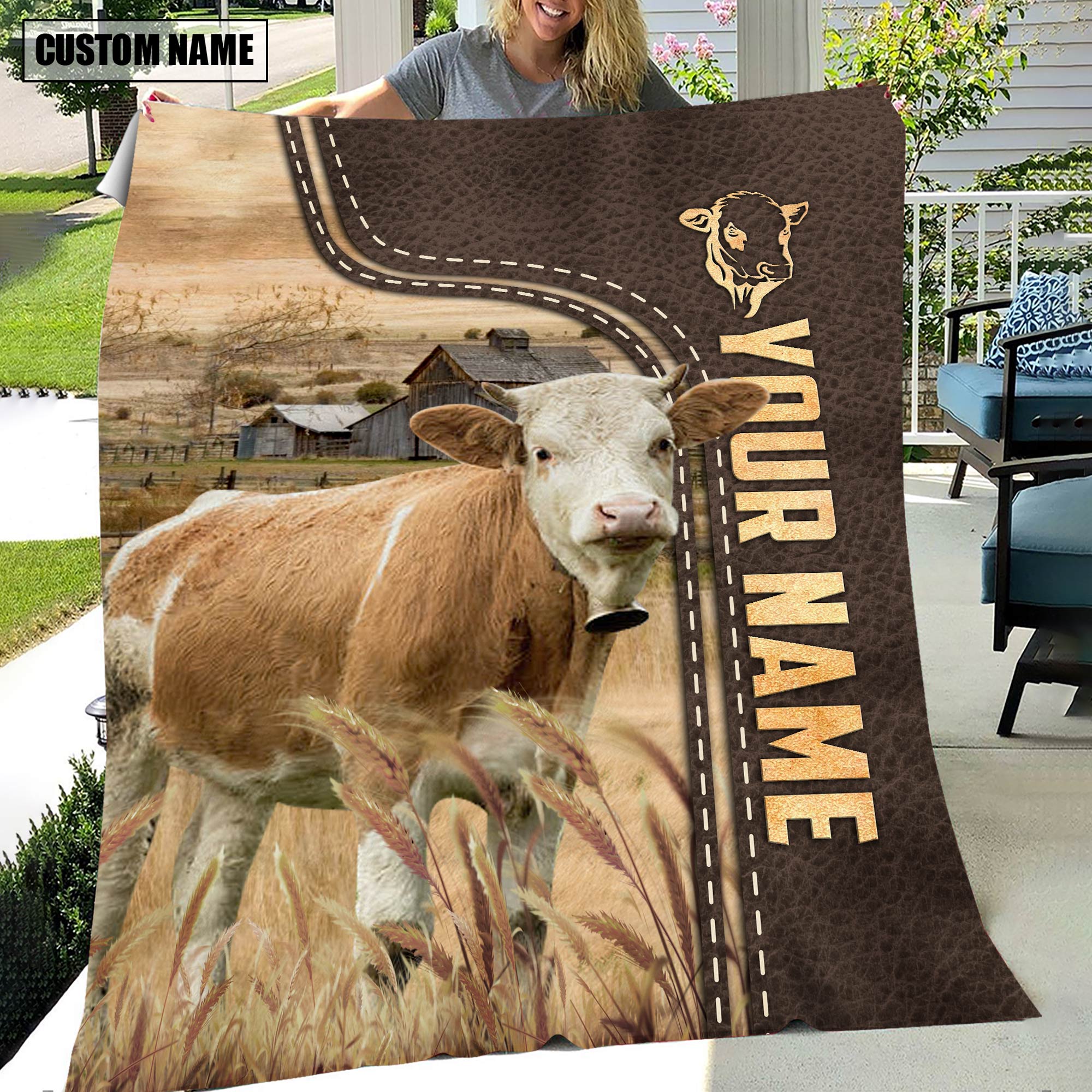Personalized Name Simmental Leather Pattern Blanket