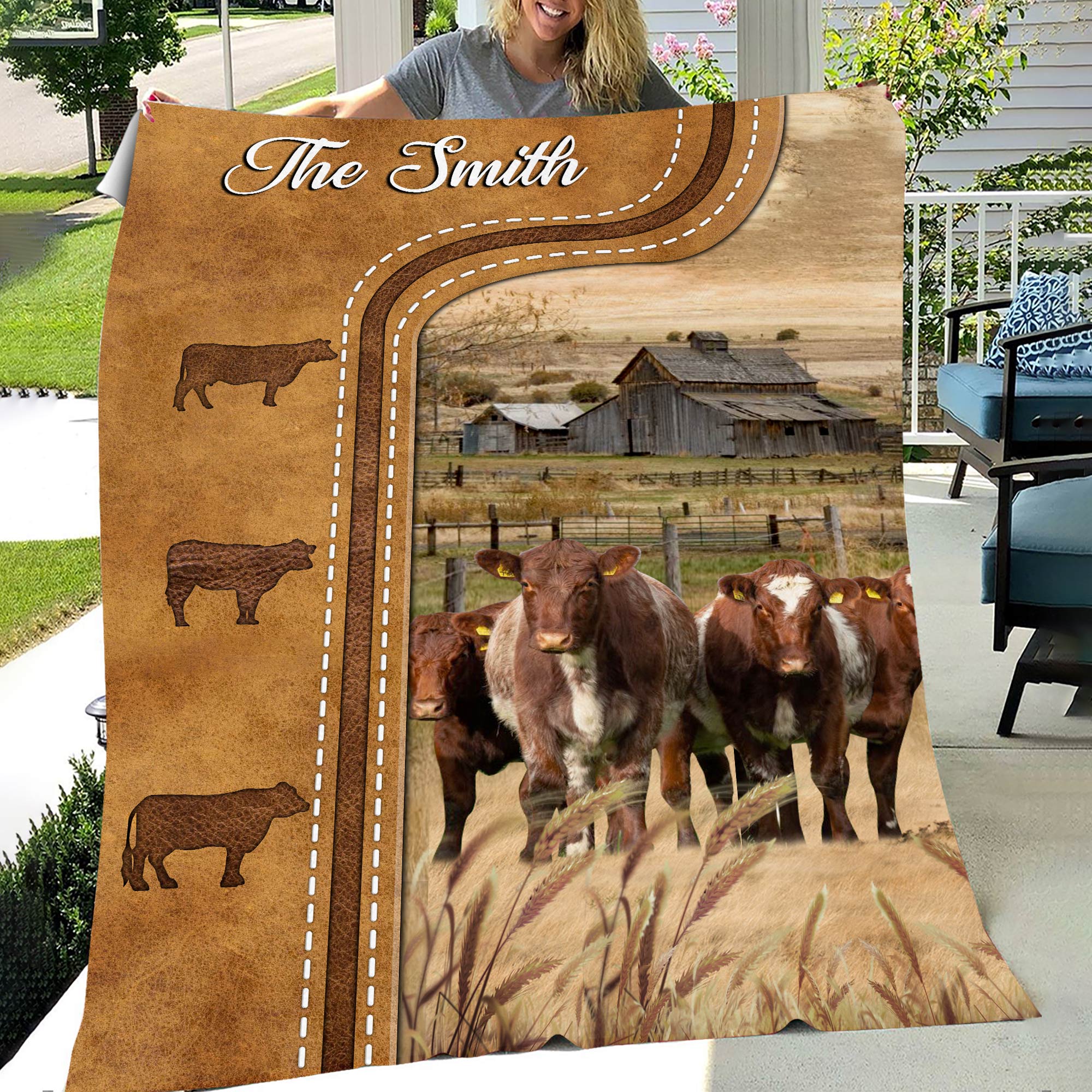 Personalized Shorthorn Cattle In Field Farmhouse Blanket