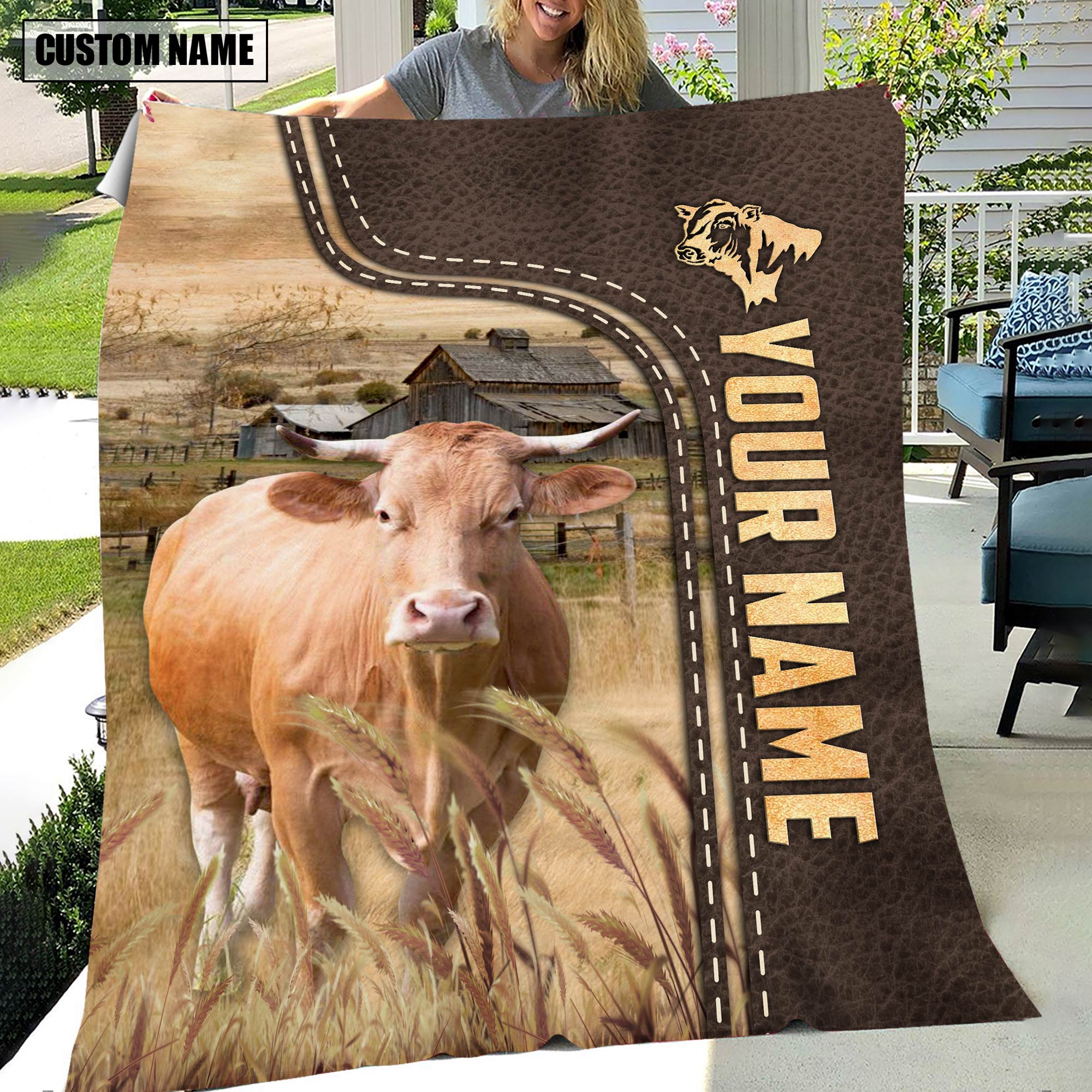Personalized Name Gelbivieh Leather Pattern Blanket