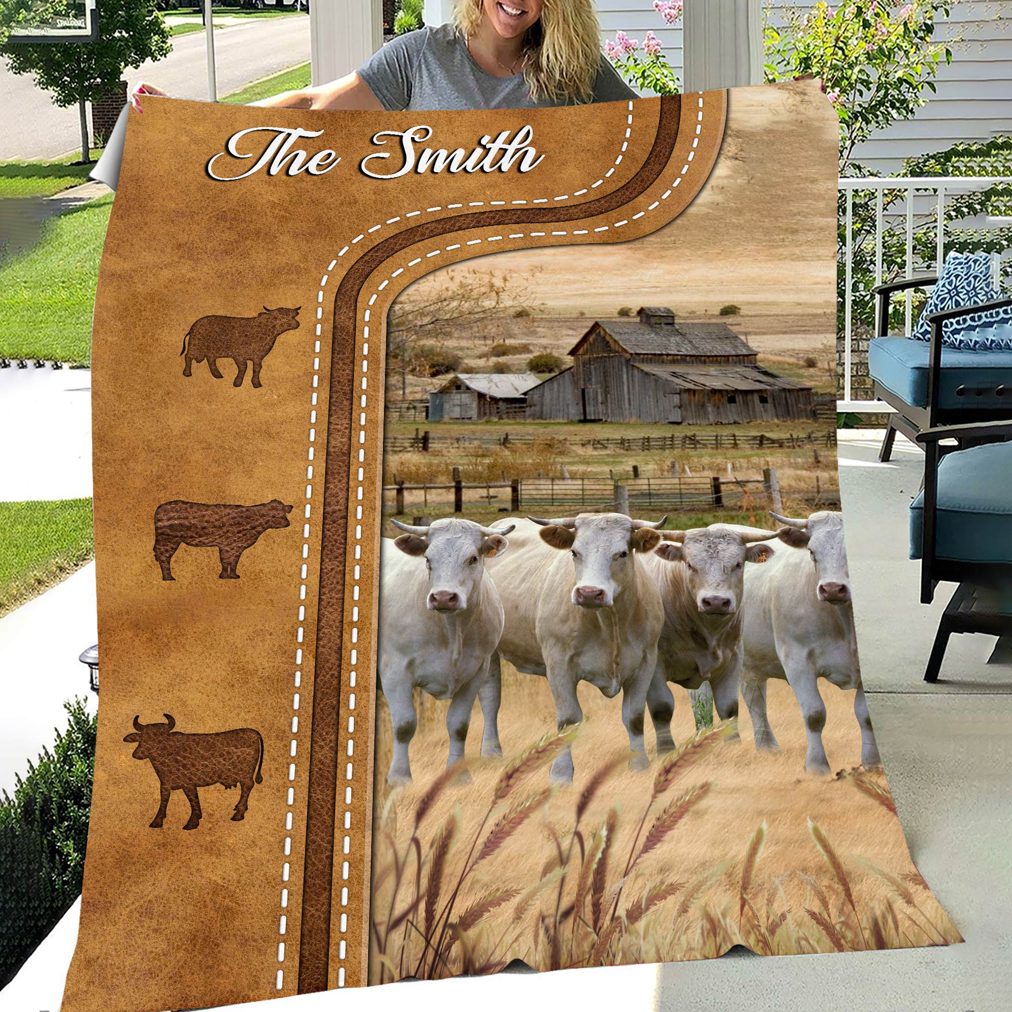 Personalized Charolais Cattle In Field Farmhouse Blanket