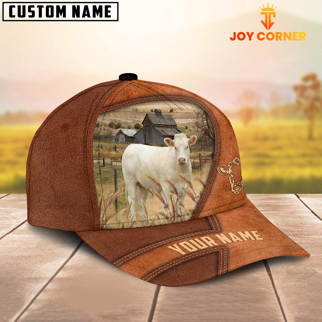 Charolais No Horn Customized Name Brown Leather Pattern Cap