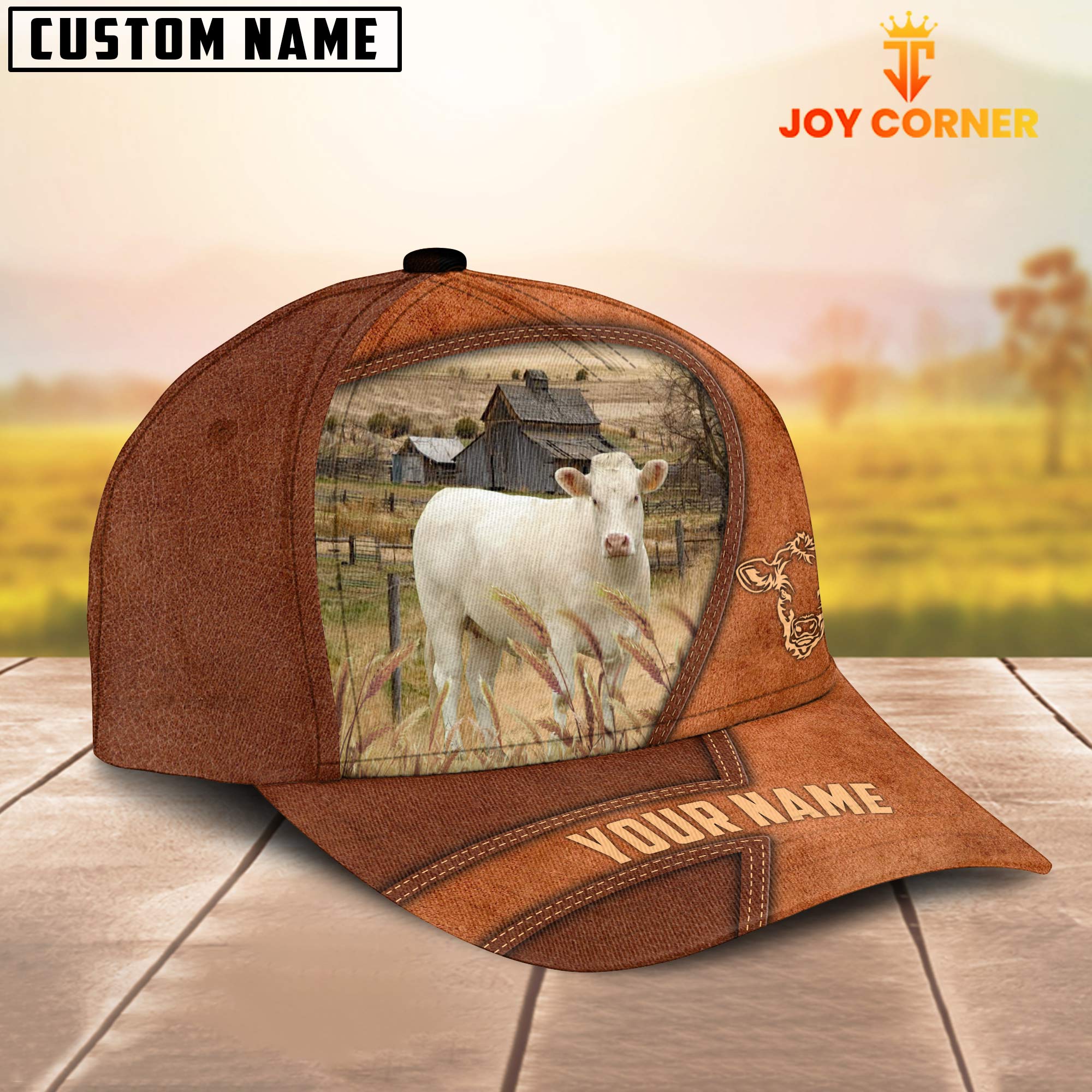 Charolais No Horn Customized Name Brown Leather Pattern Cap