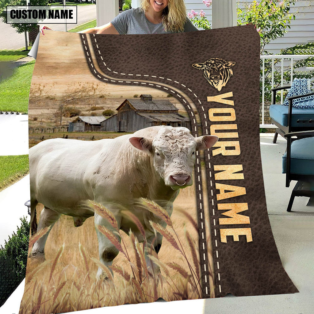 Personalized Name Charolais Bull Leather Pattern Blanket