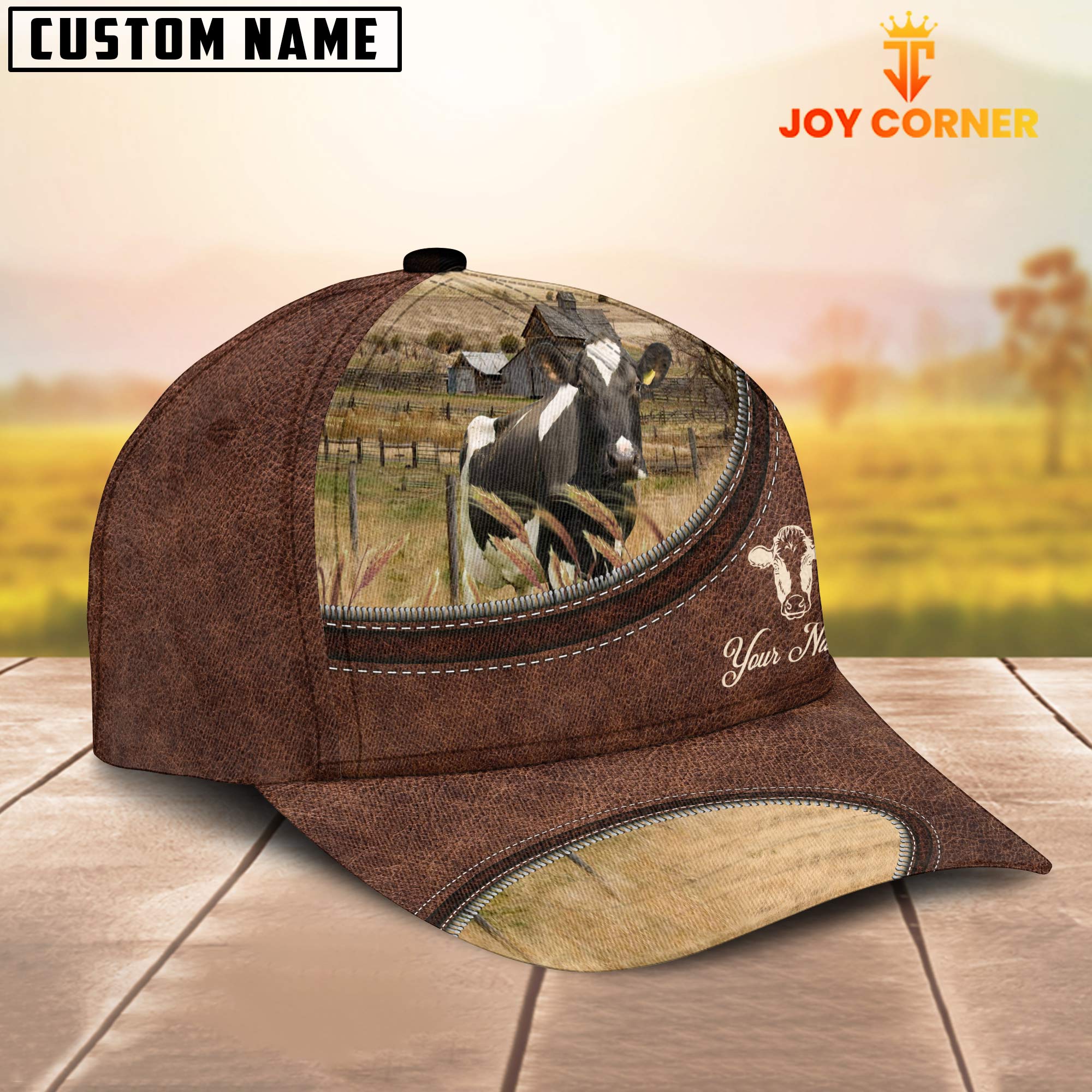 Holstein On The Farm Customized Name Leather Pattern Cap