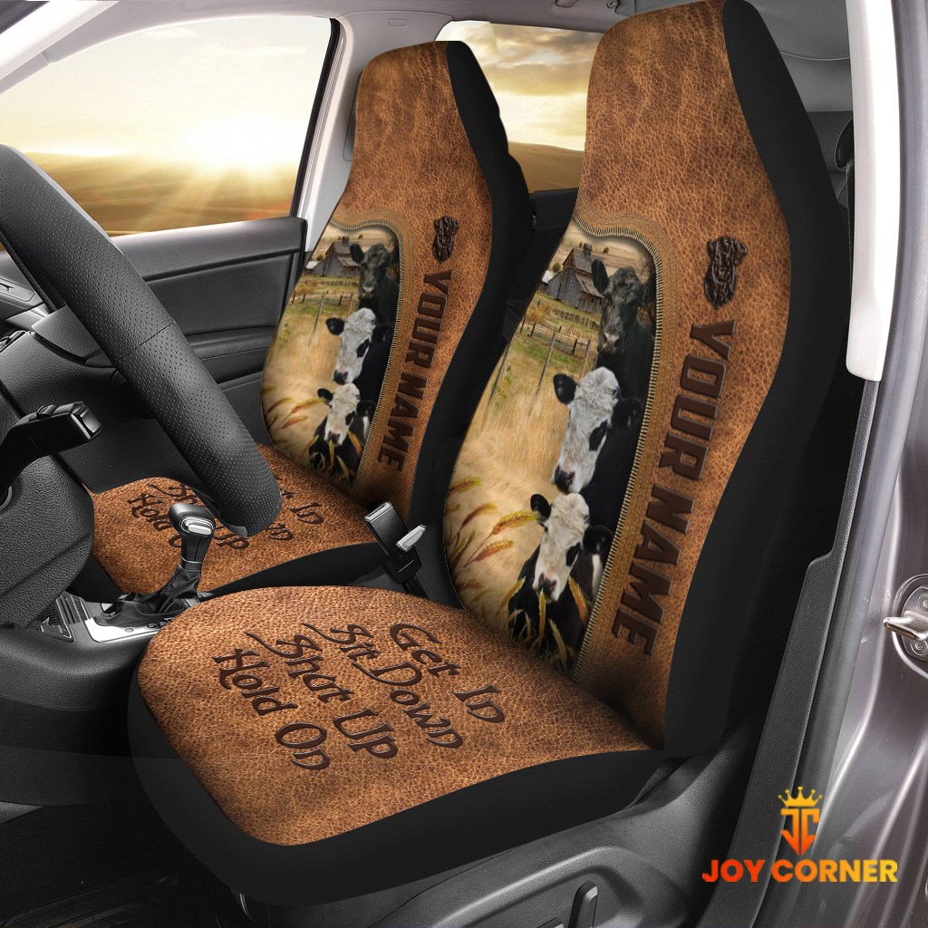 Belted Galloway Happiness Personalized Name Leather Pattern Car Seat Covers Universal Fit (2Pcs)