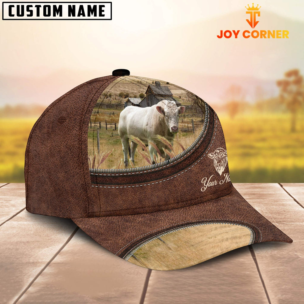 Charolais Bull On The Farm Customized Name Leather Pattern Cap