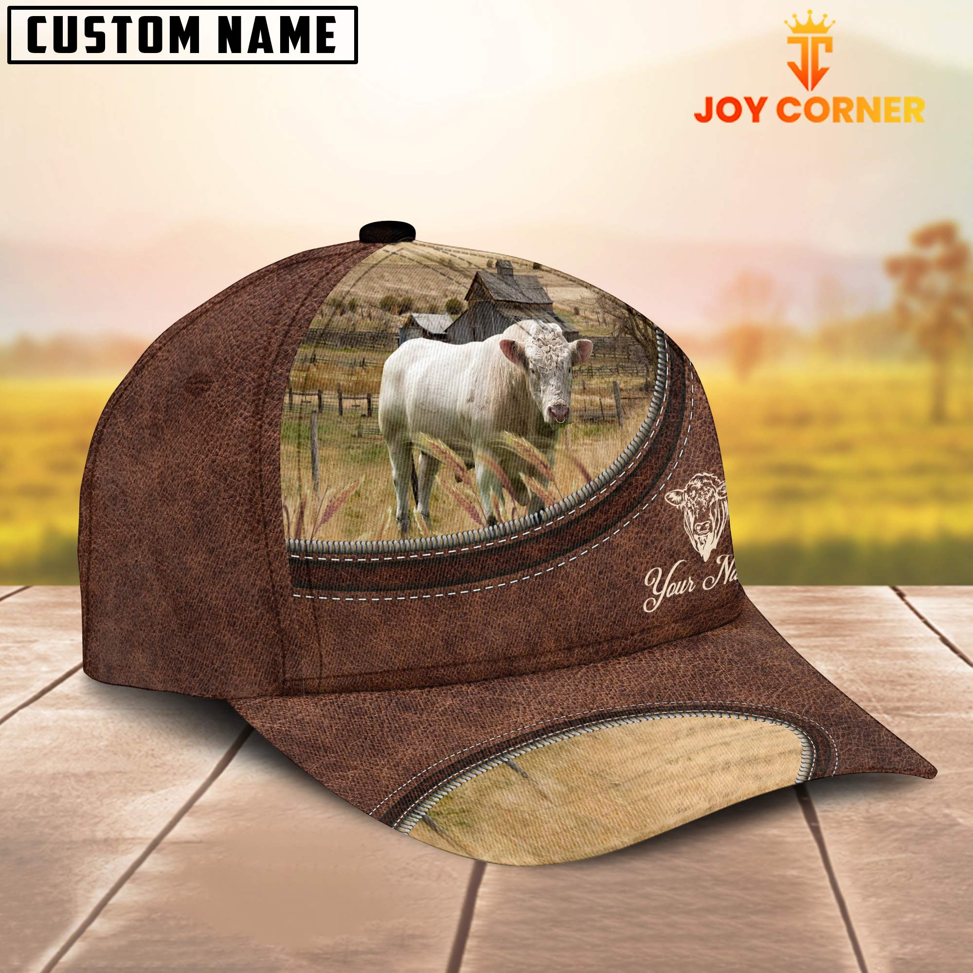 Charolais Bull On The Farm Customized Name Leather Pattern Cap