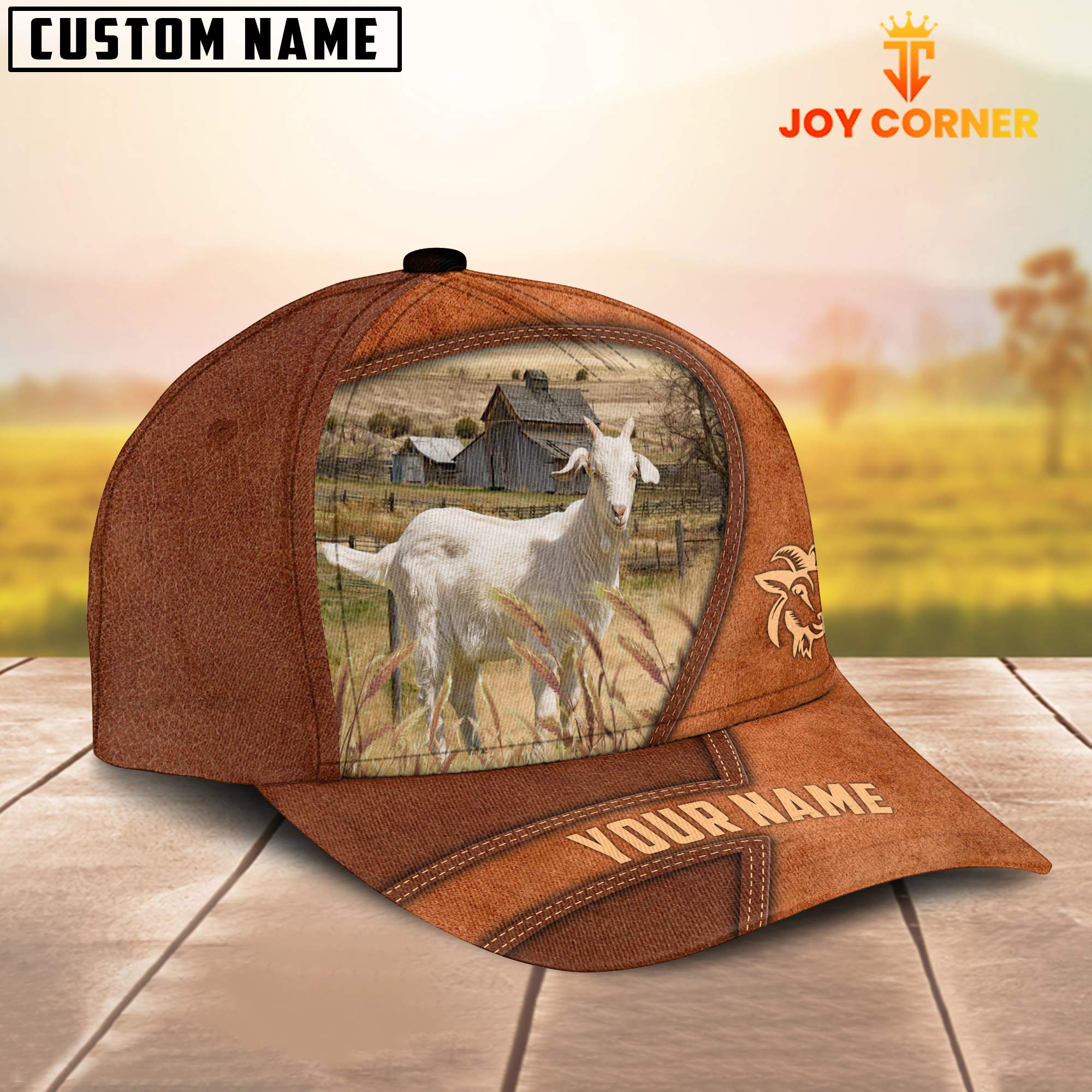 Goat Customized Name Brown Leather Pattern Cap