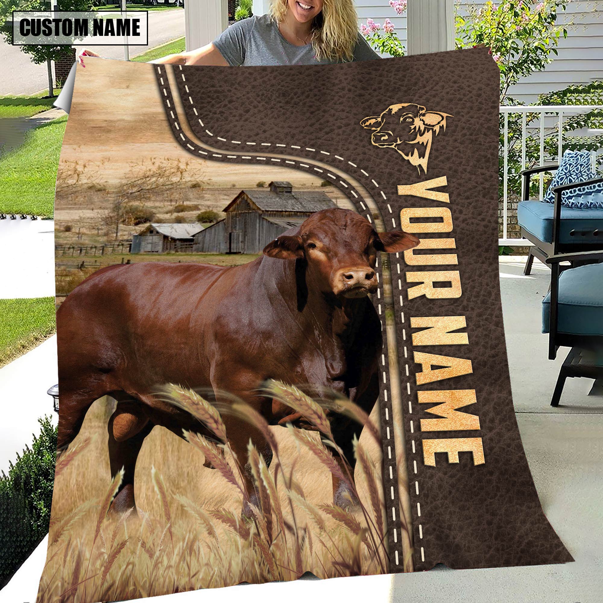 Personalized Name Beefmaster Leather Pattern Blanket
