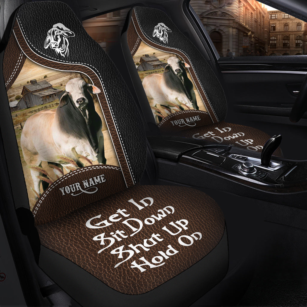 Brahman Cattle Personalized Name Black And Brown Leather Pattern Car Seat Covers Universal Fit (2Pcs)