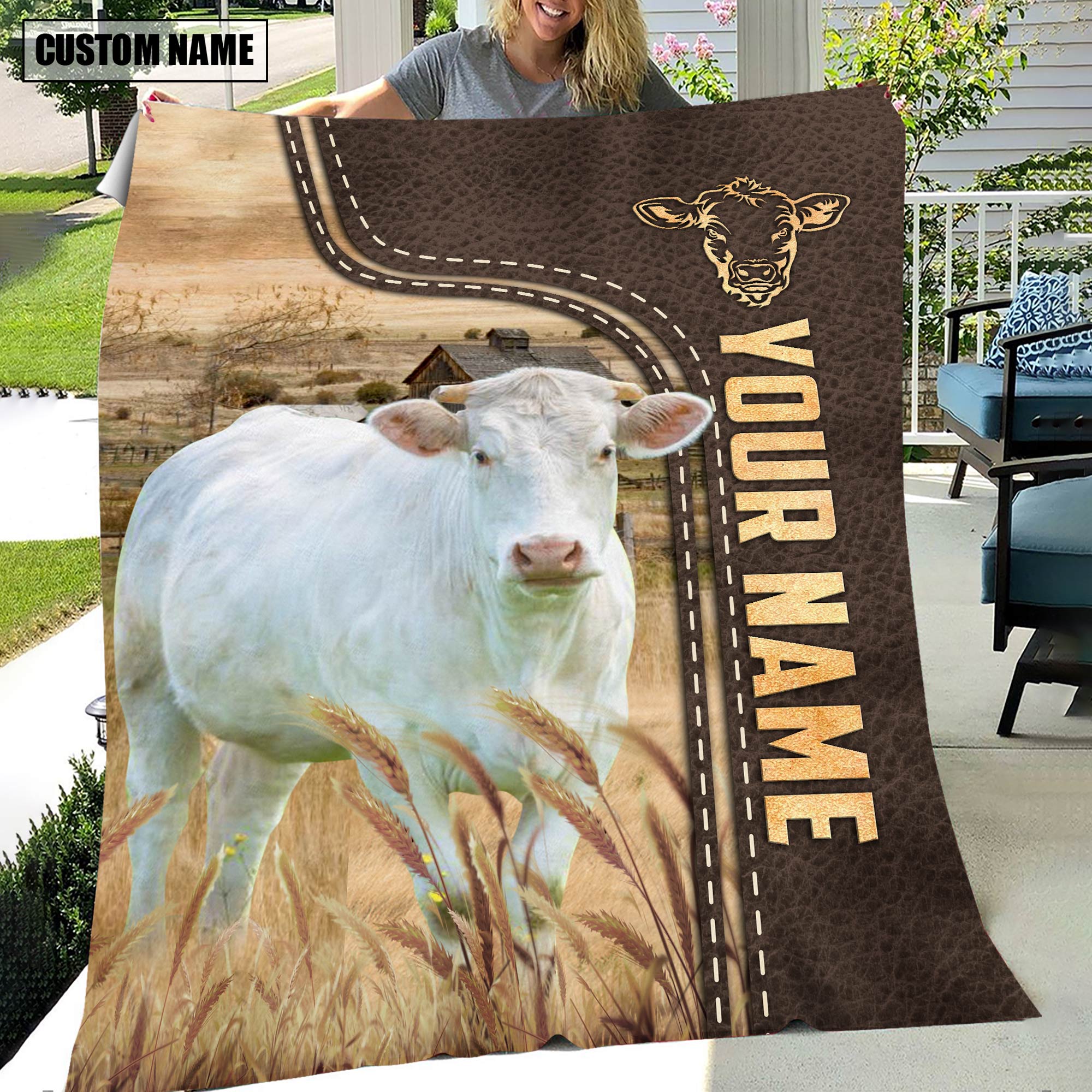Personalized Name Charolais Leather Pattern Blanket