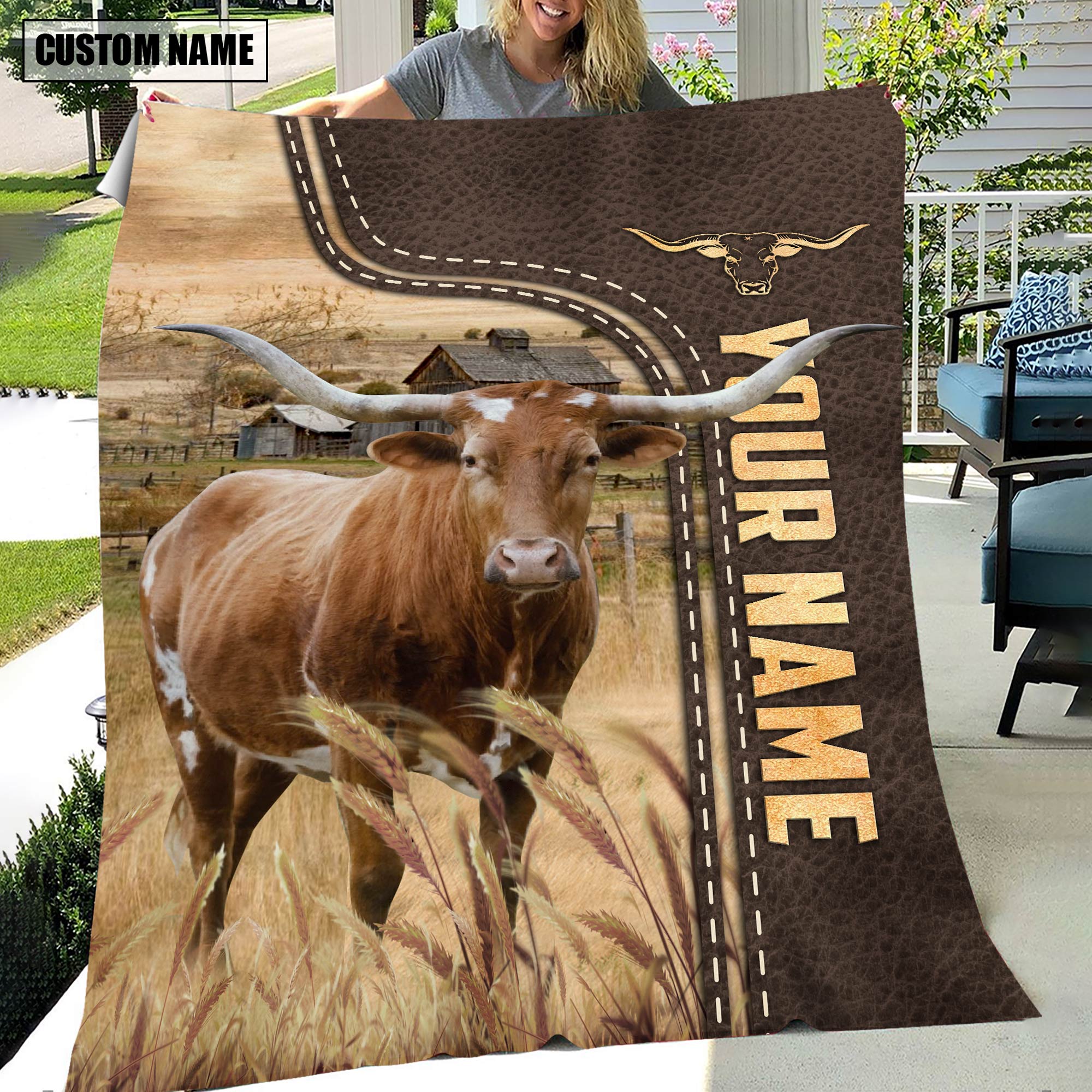 Personalized Name Texas Longhorn Leather Pattern Blanket