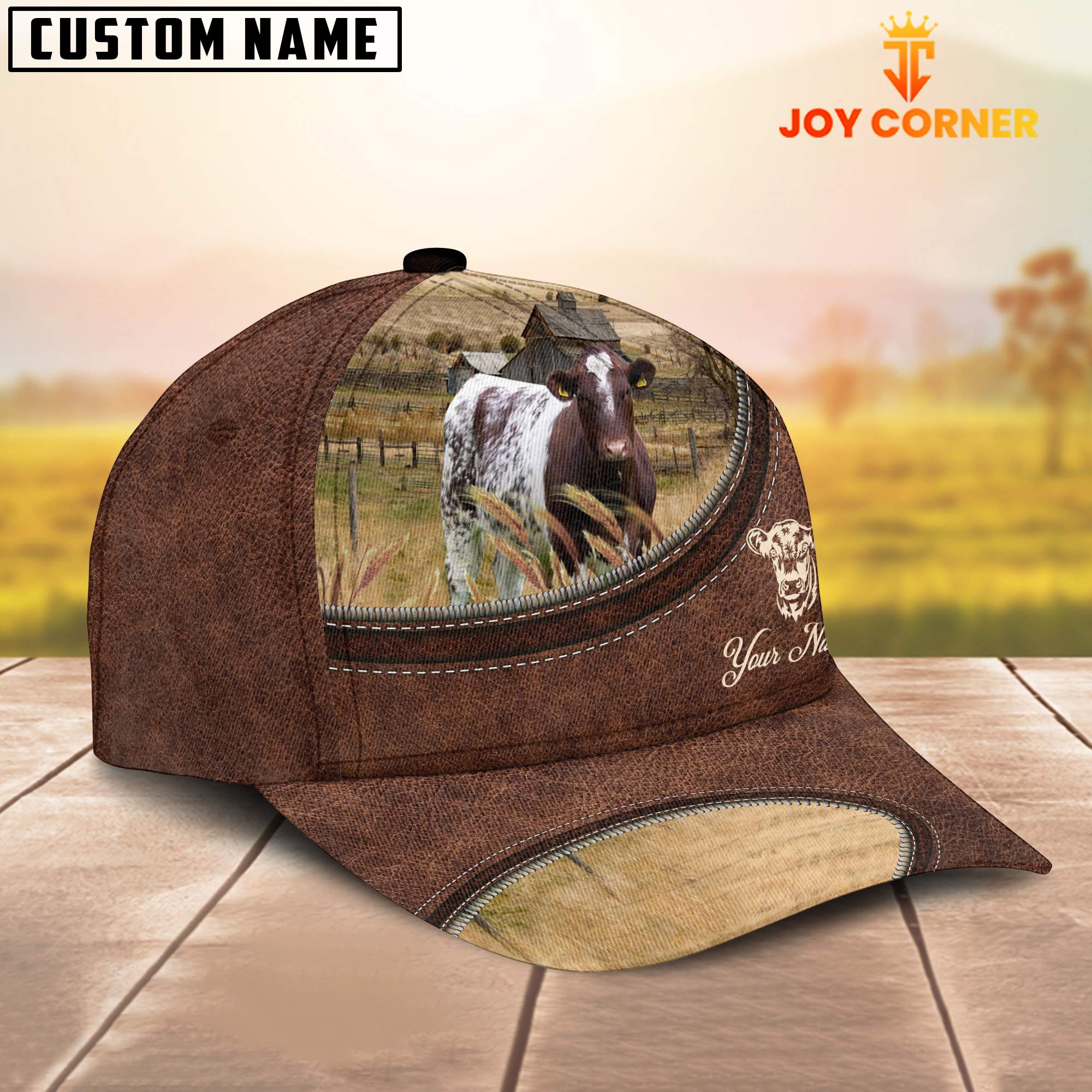 Shorthorn On The Farm Customized Name Leather Pattern Cap