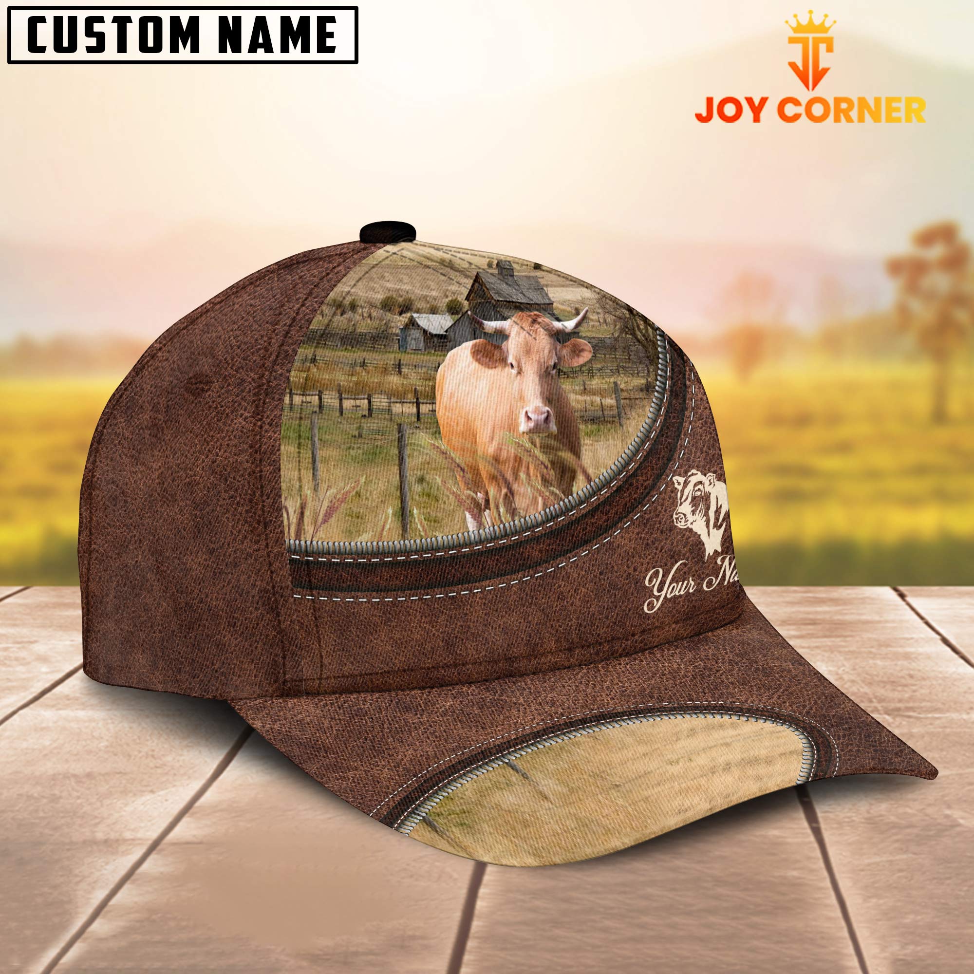 Gelbivieh On The Farm Customized Name Leather Pattern Cap