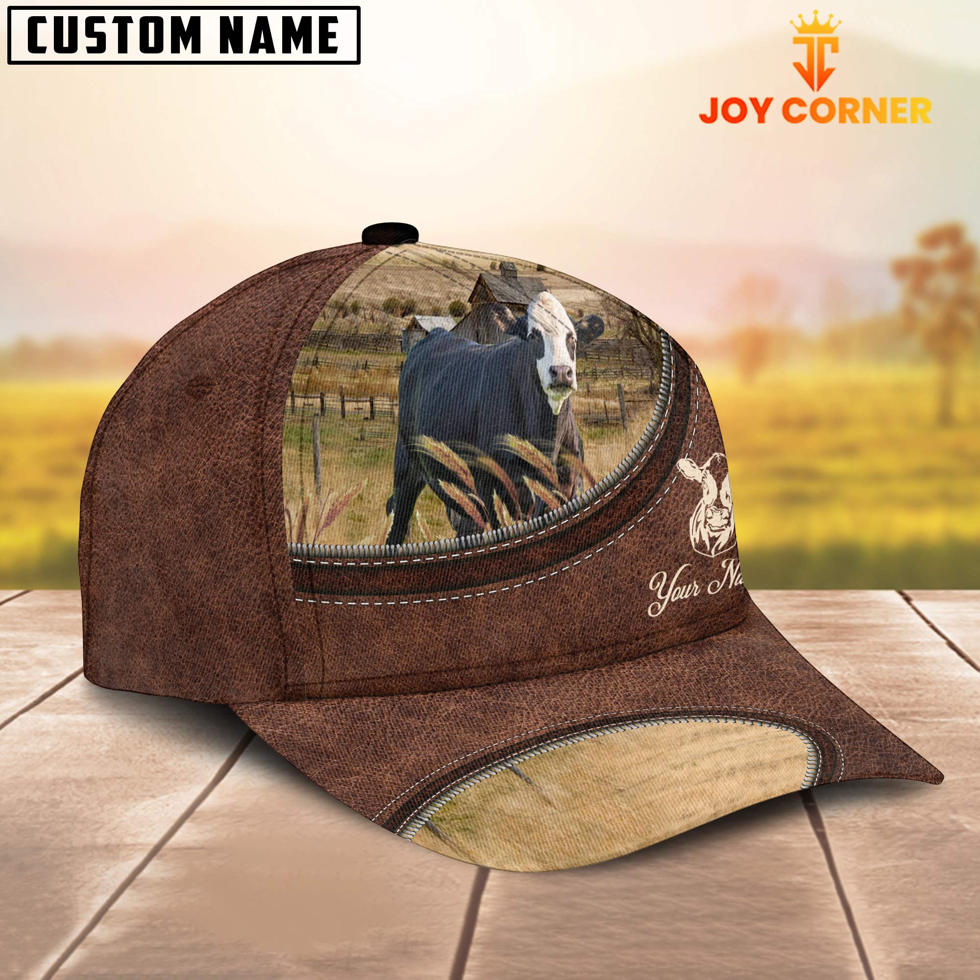 Black Baldy On The Farm Customized Name Leather Pattern Cap