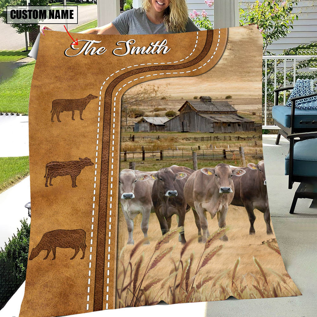 Personalized Brown Swiss Cattle In Field Farmhouse Blanket