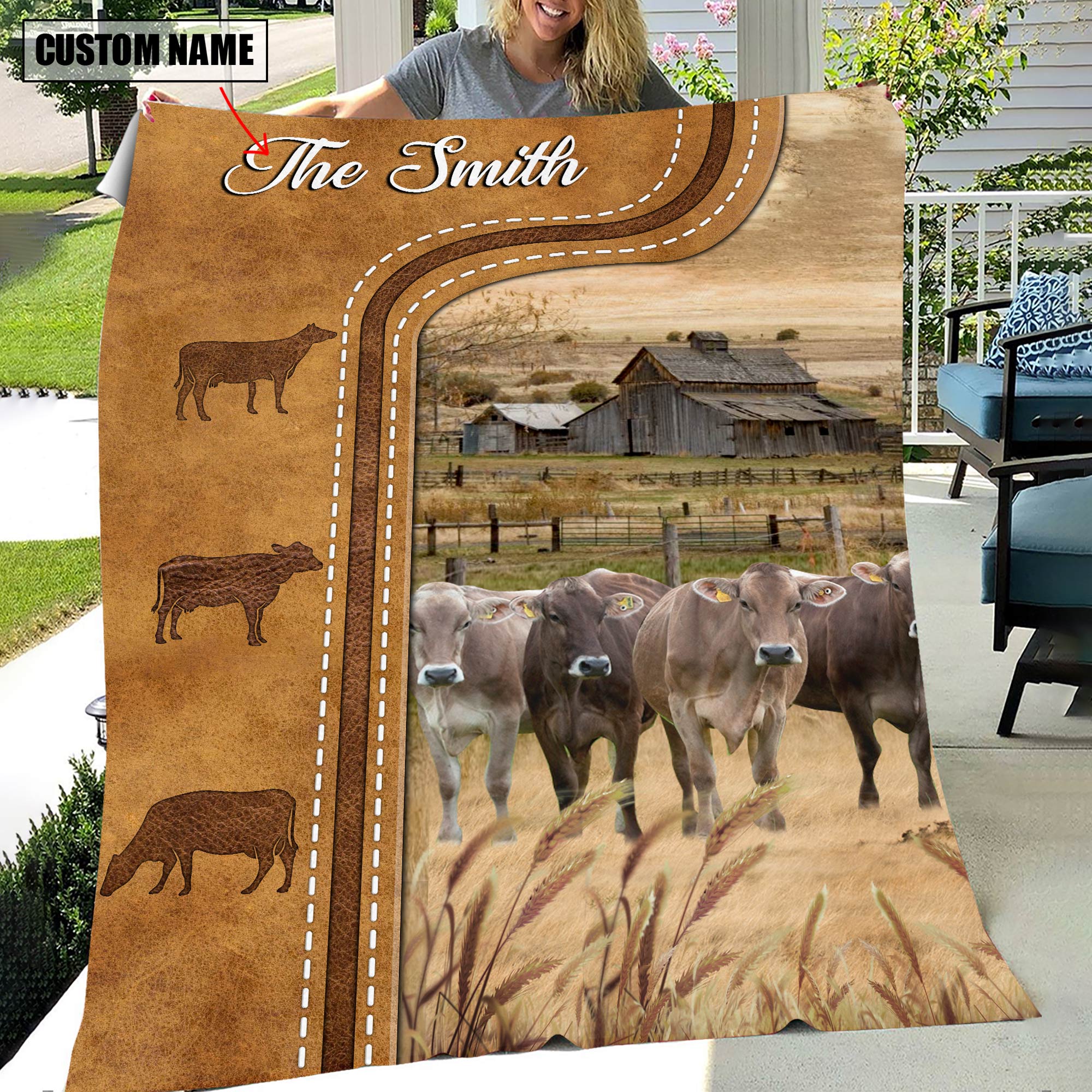 Personalized Brown Swiss Cattle In Field Farmhouse Blanket