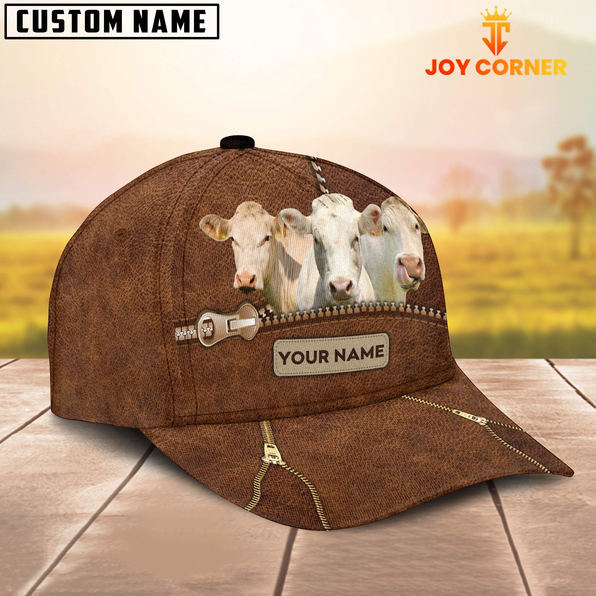 Charolais Cattle Zipper Pattern Customized Name Cap