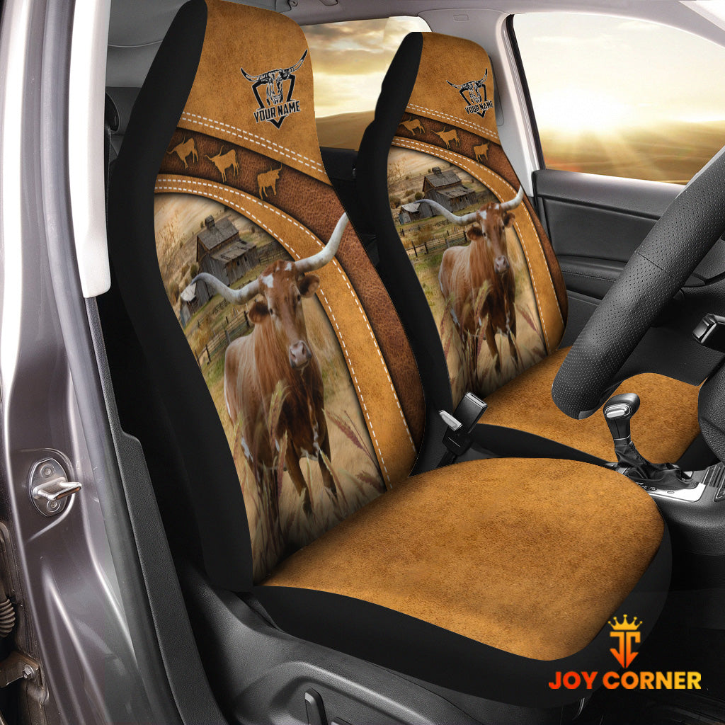 Texas Longhorn Pattern Customized Name 3D Car Seat Cover Set (2PCS)