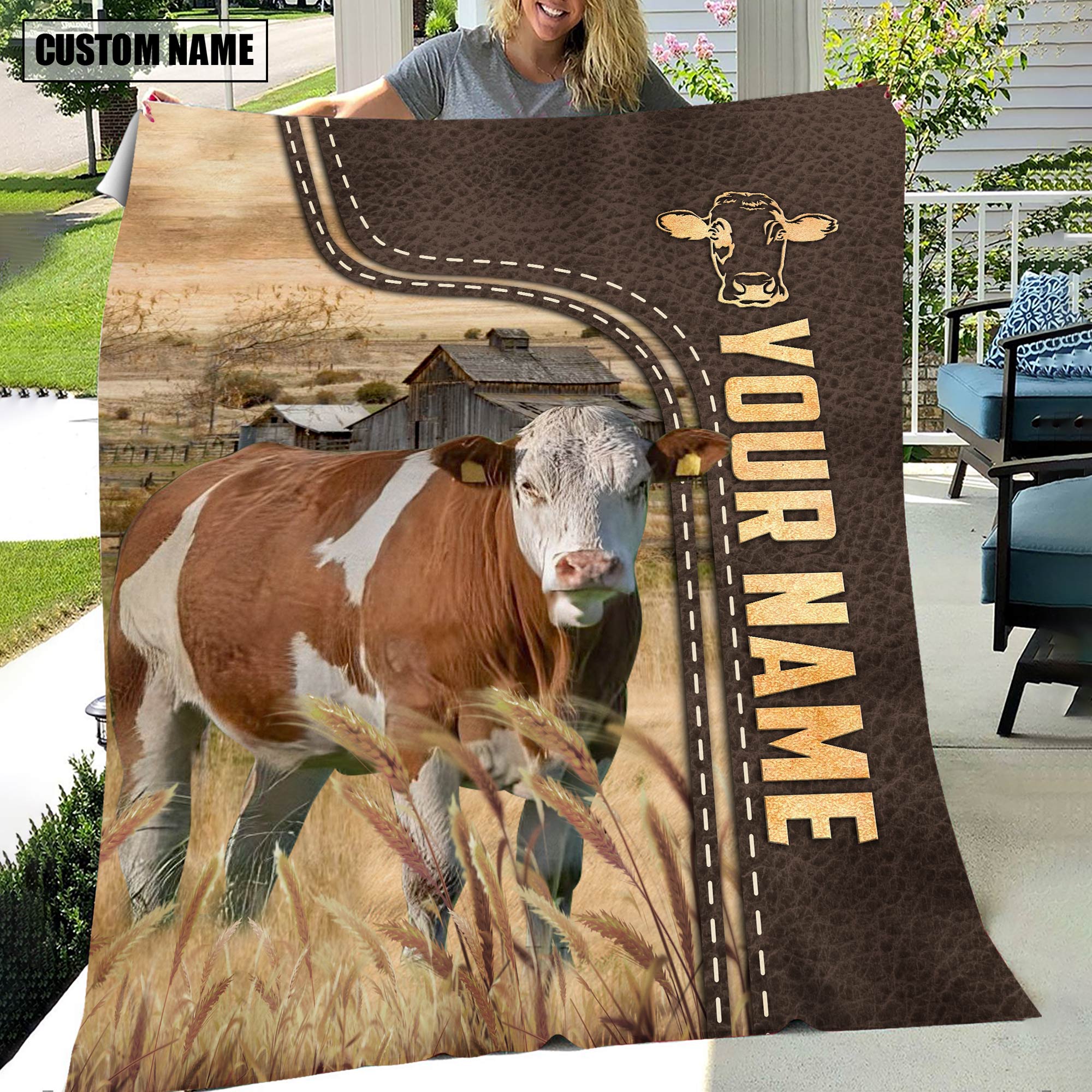 Personalized Name Fleckvieh Leather Pattern Blanket