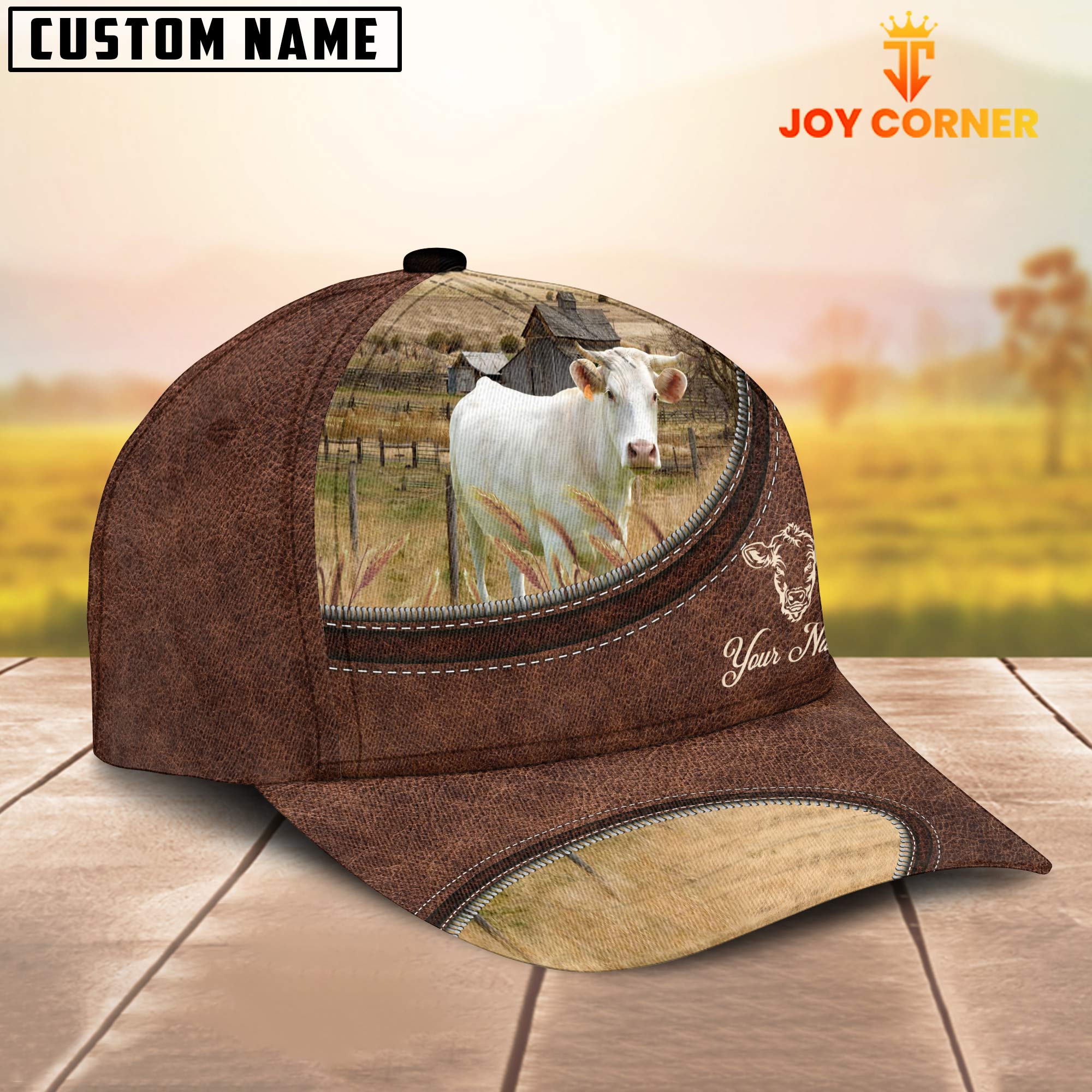 Charolais On The Farm Customized Name Leather Pattern Cap