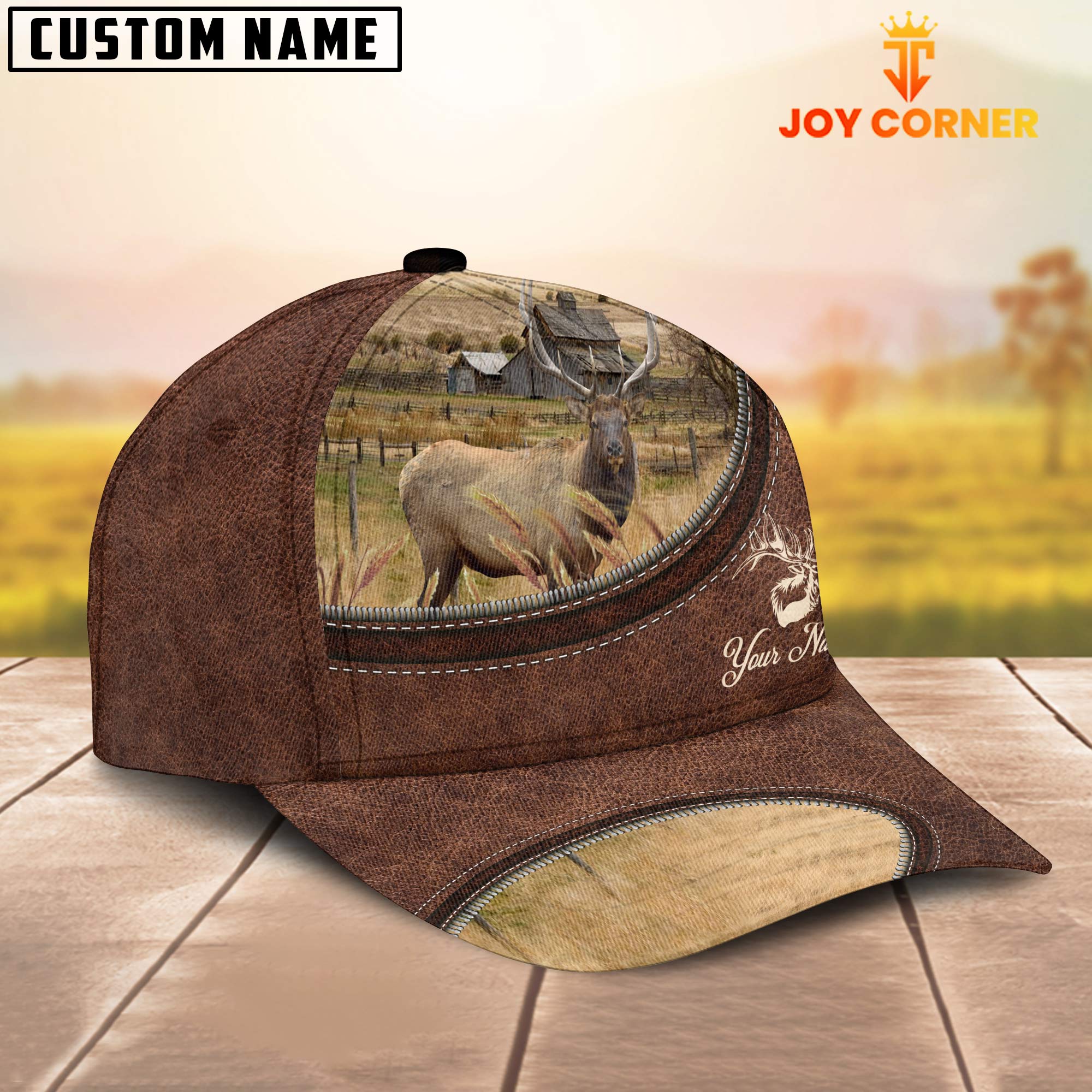 Elk On The Farm Customized Name Leather Pattern Cap