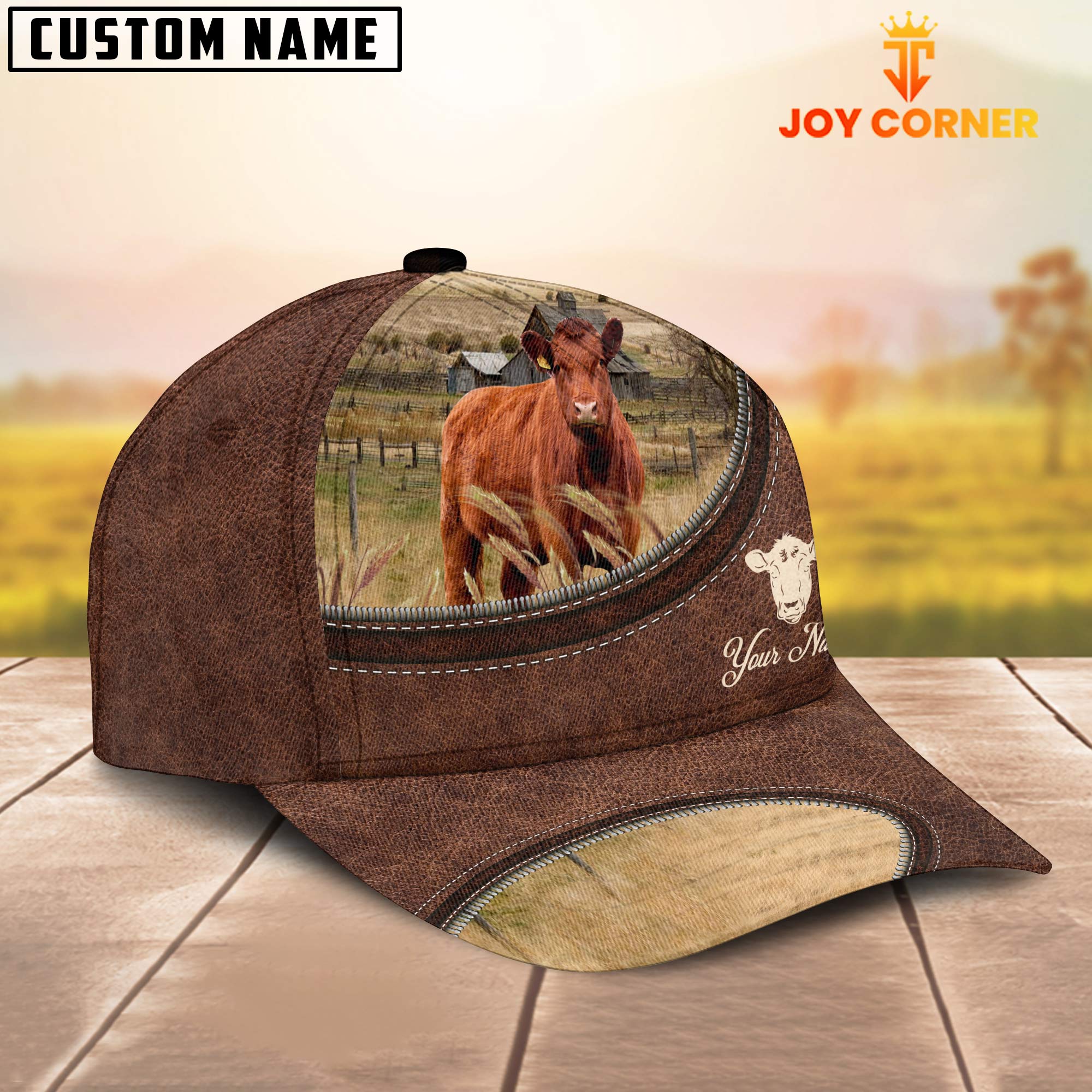 Red Angus On The Farm Customized Name Leather Pattern Cap