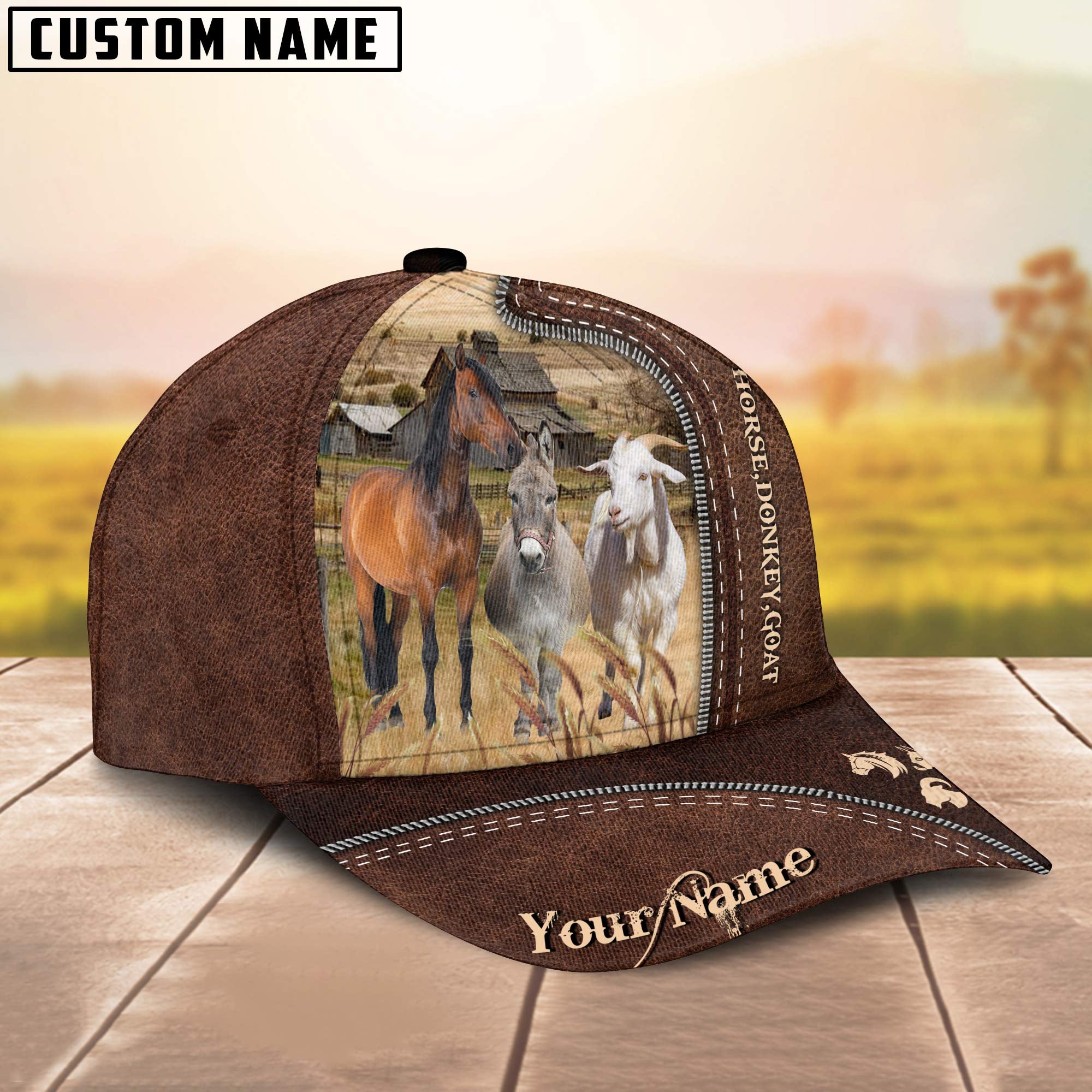Horse, Donkey and Goat Customized Name Leather Pattern Cap
