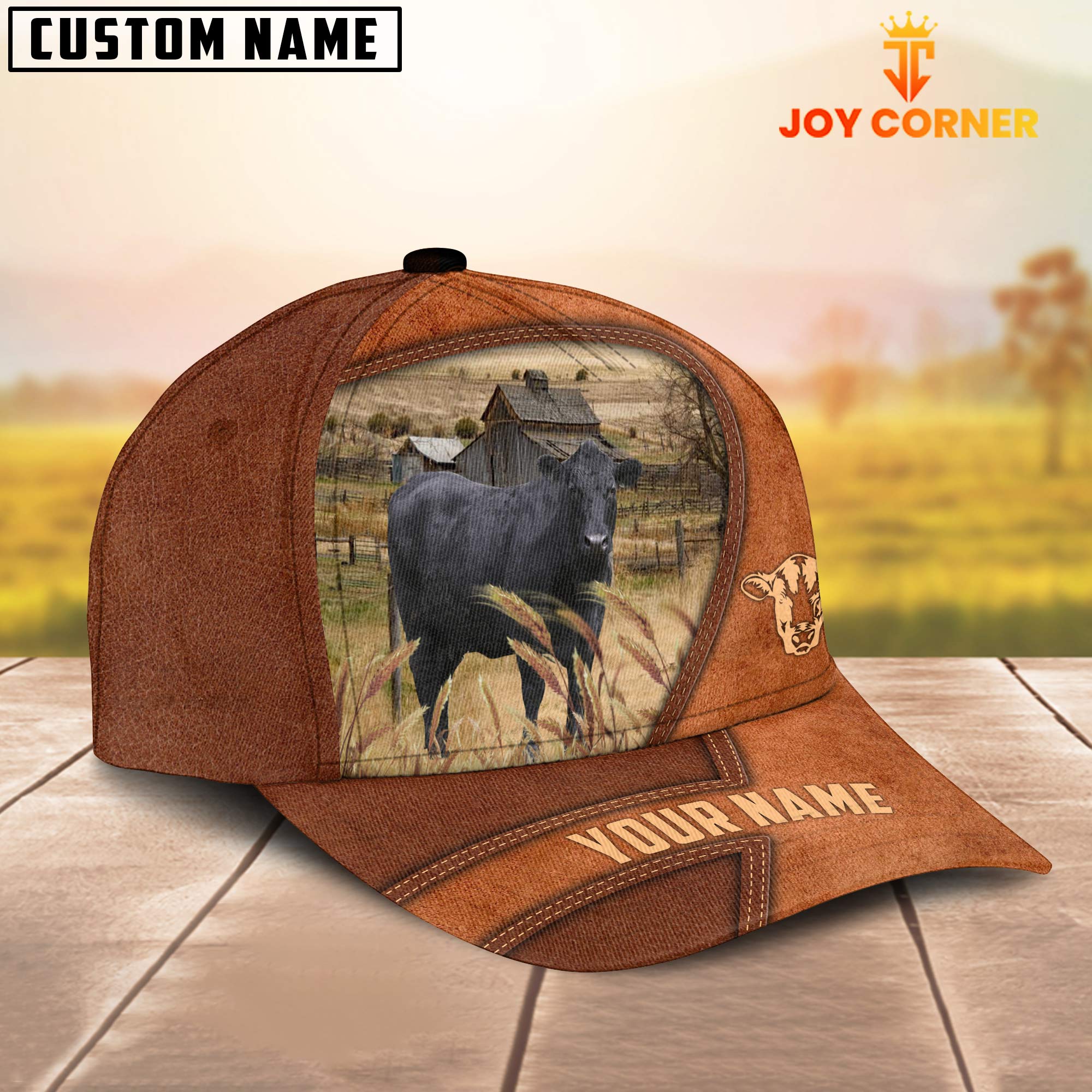 Black Angus Customized Name Brown Leather Pattern Cap