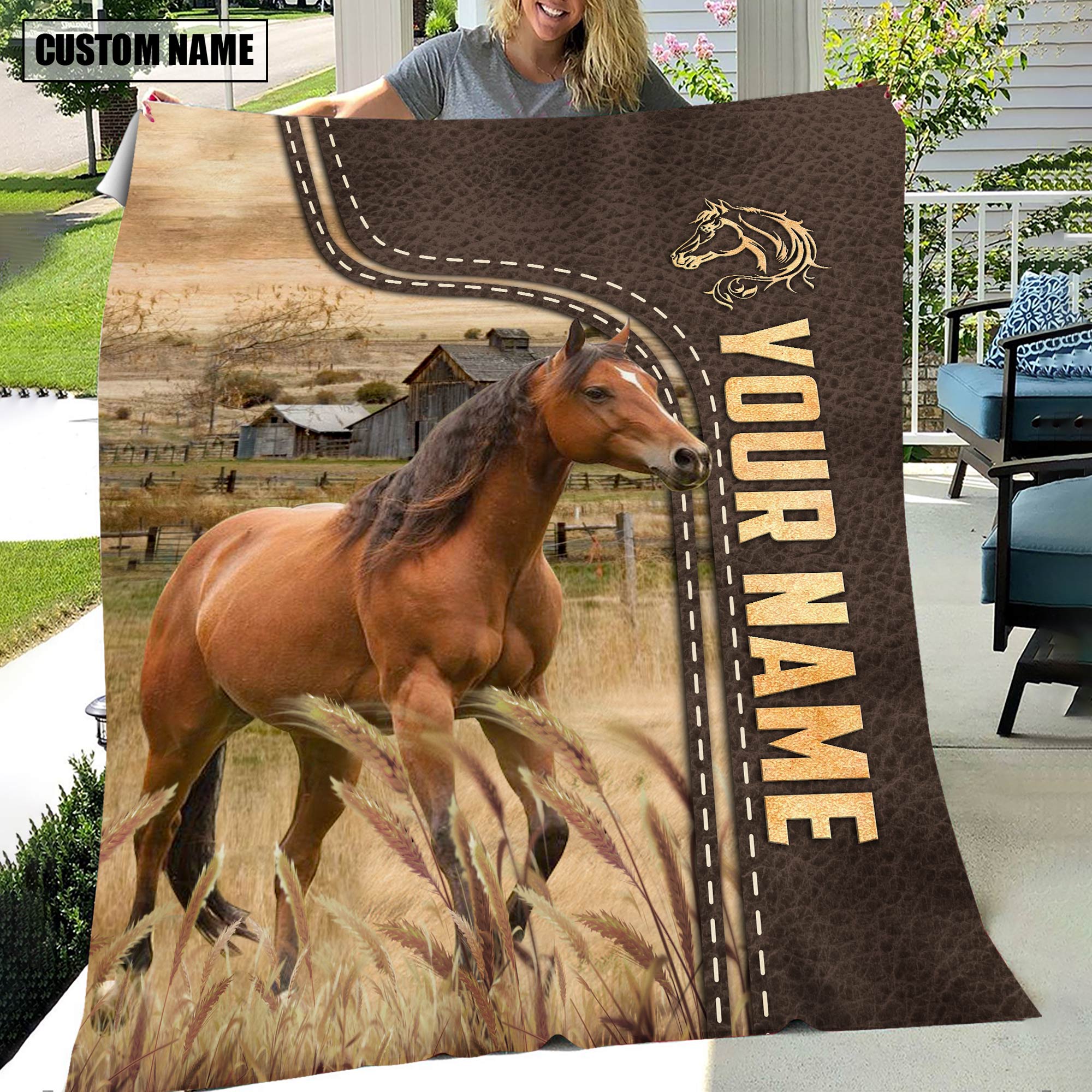 Personalized Name Horse Leather Pattern Blanket