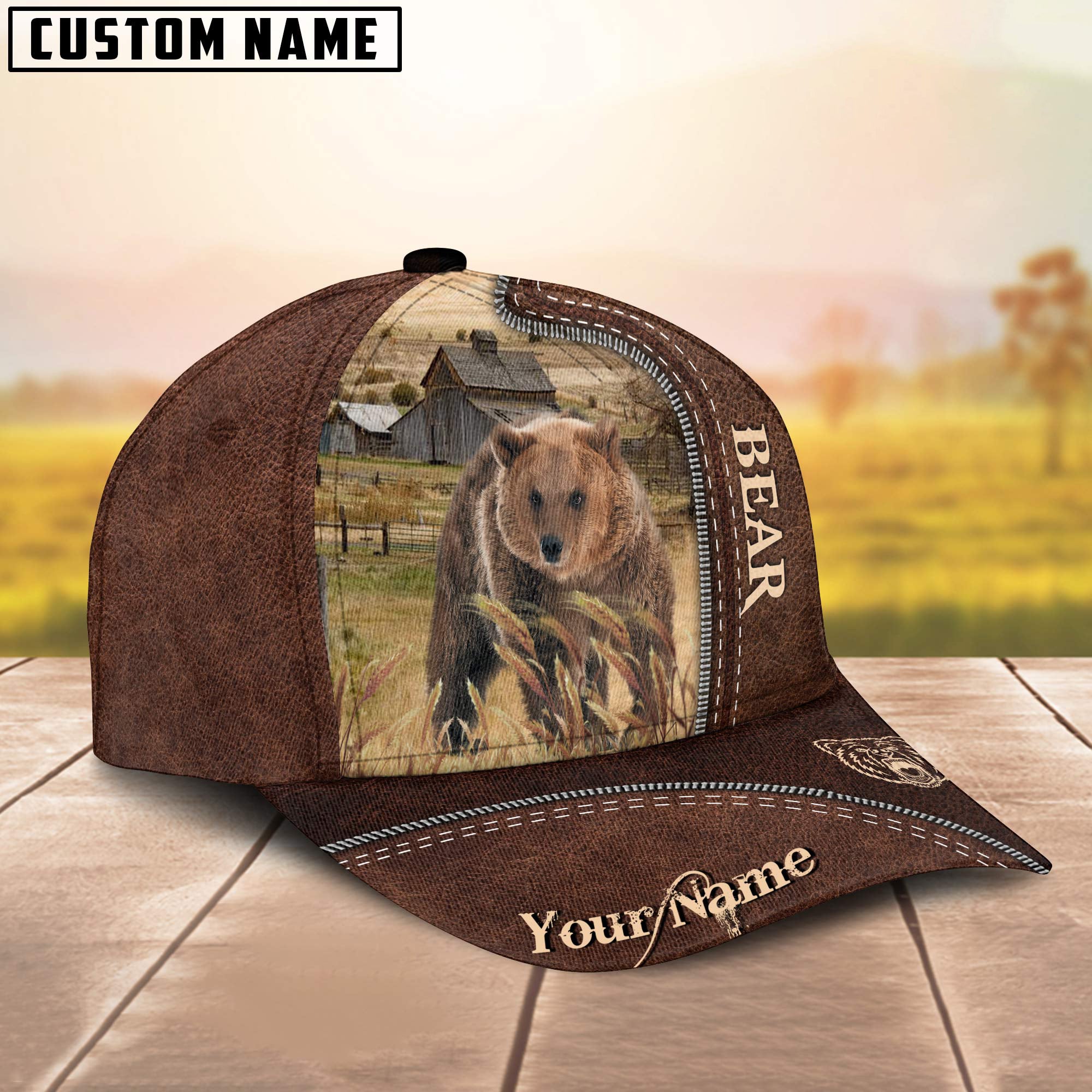 Bear Customized Name Leather Pattern Cap
