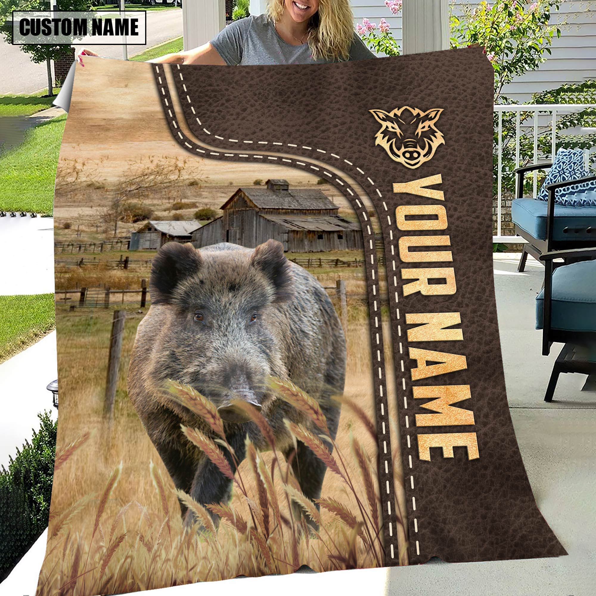 Personalized Name Hogs Leather Pattern Blanket