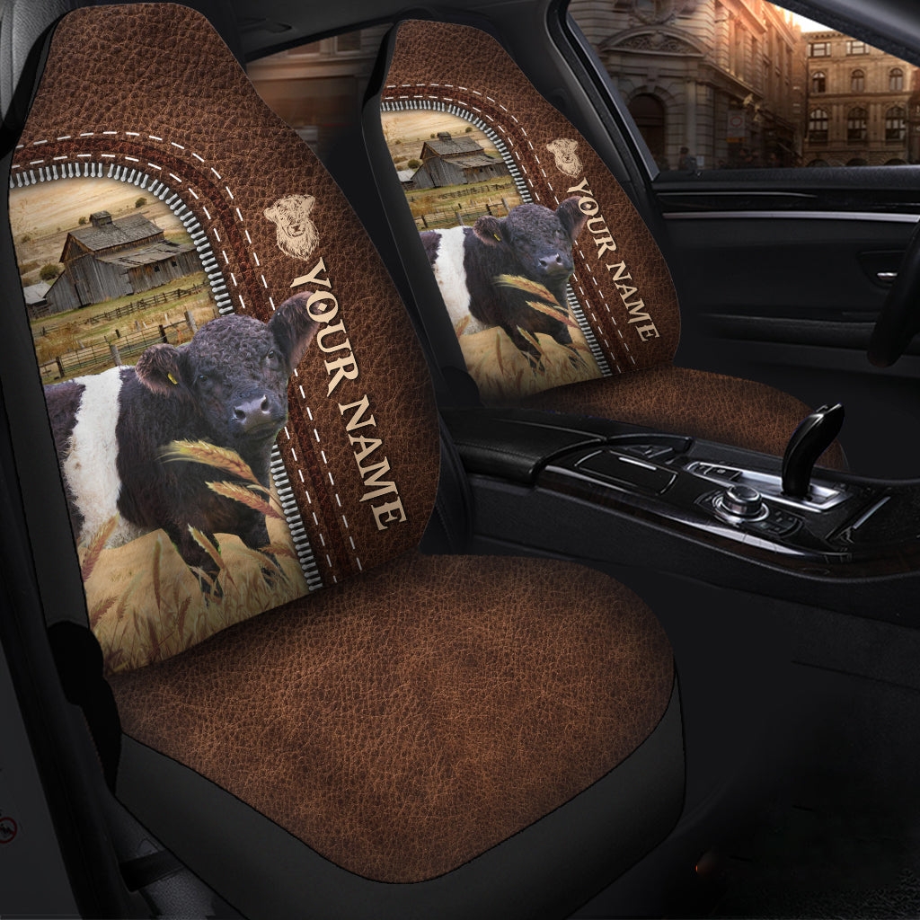 Belted Galloway Personalized Name Leather Pattern Car Seat Covers Universal Fit (2Pcs)