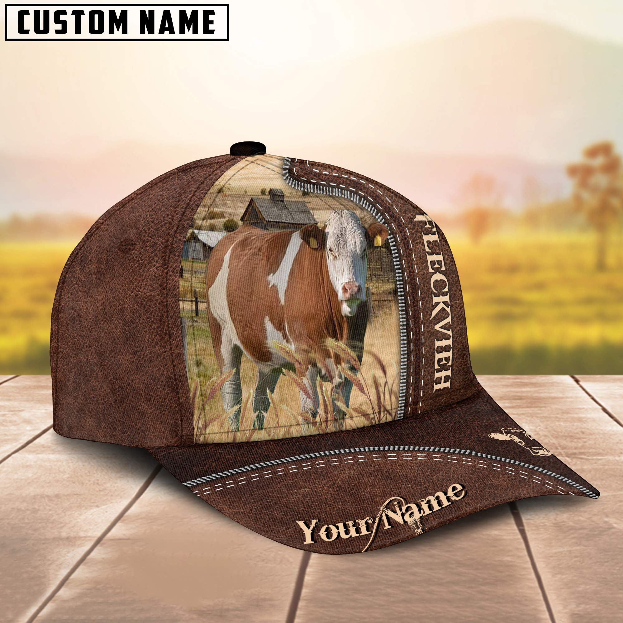 Fleckvieh Customized Name Leather Pattern Cap