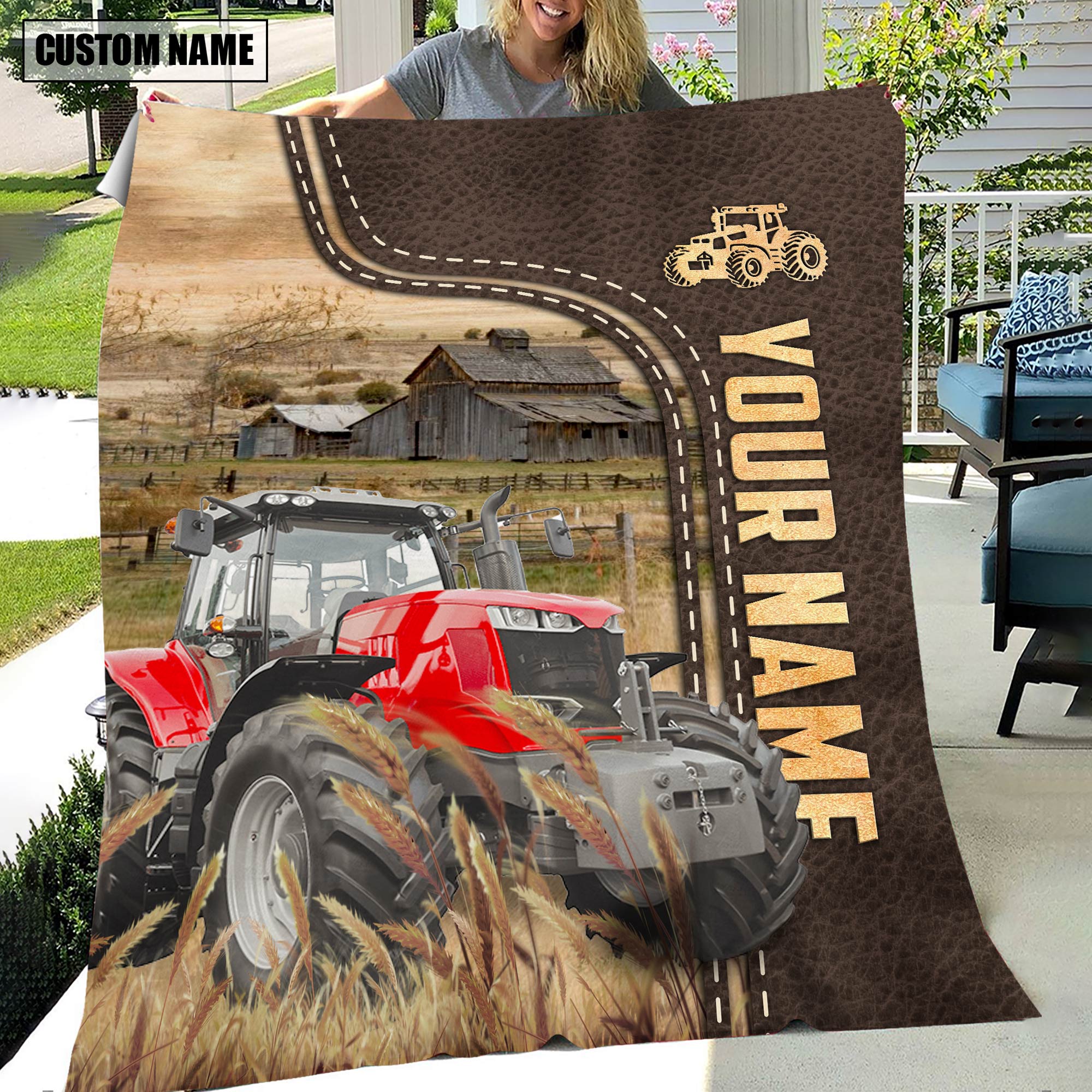Personalized Name Red Tractor Leather Pattern Blanket