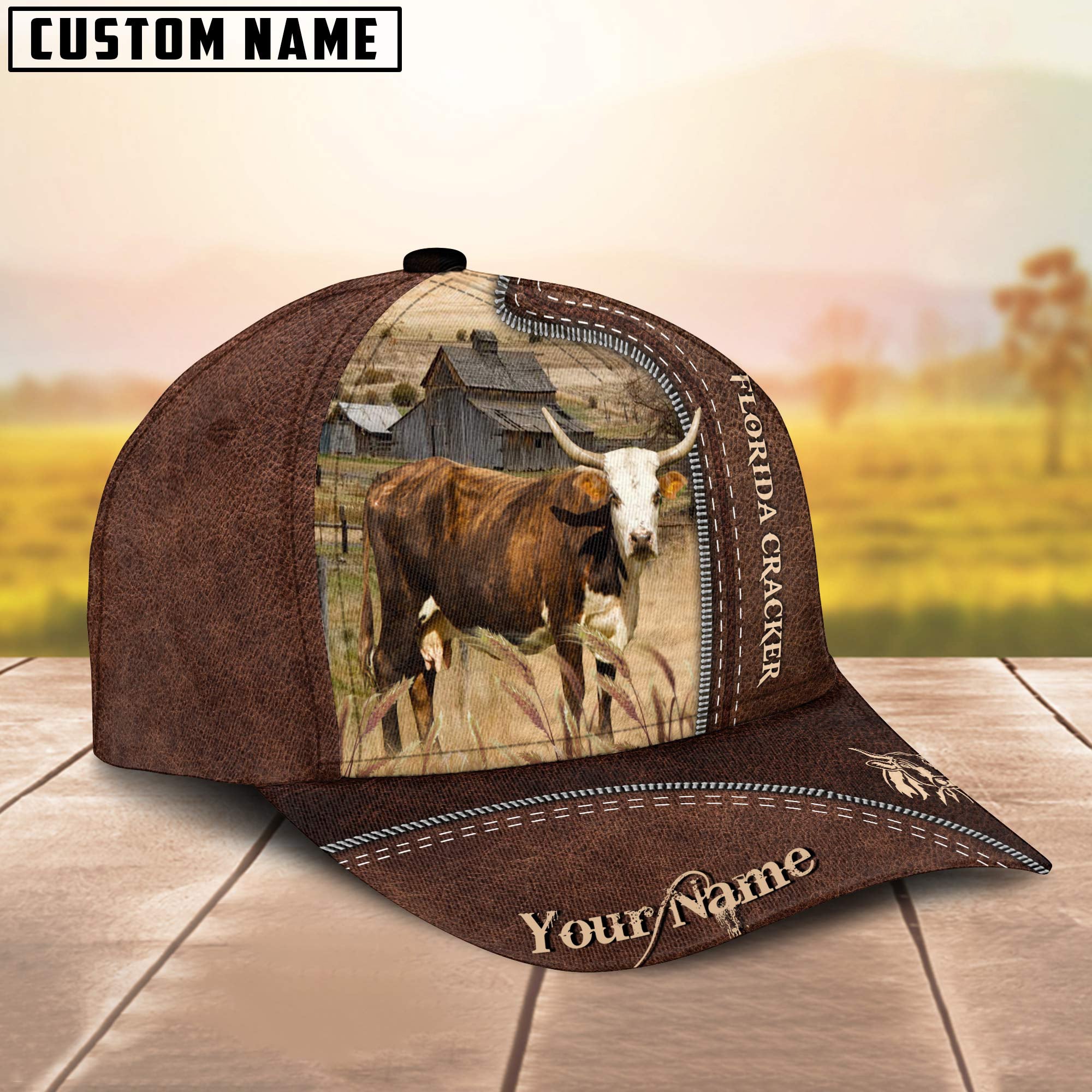 Florida Cracker Cow Customized Name Leather Pattern Cap