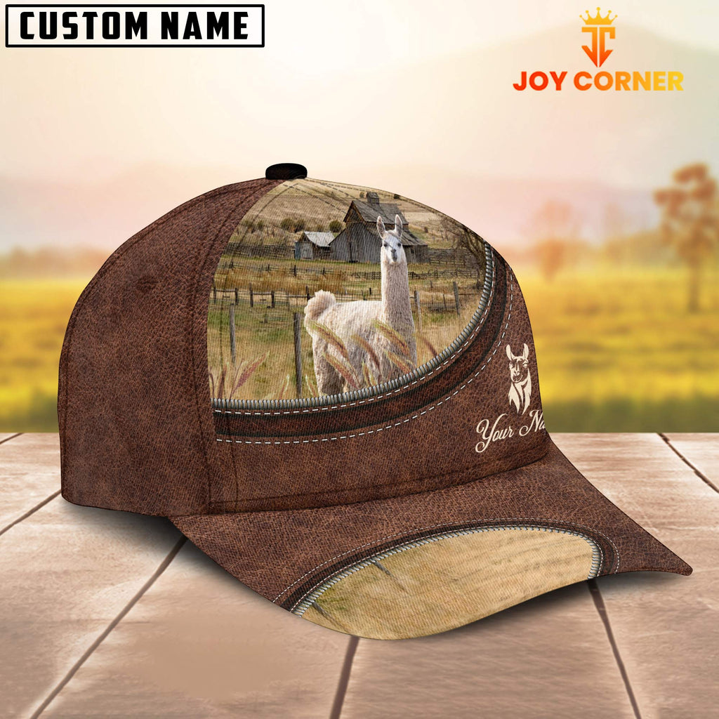Llama On The Farm Customized Name Leather Pattern Cap