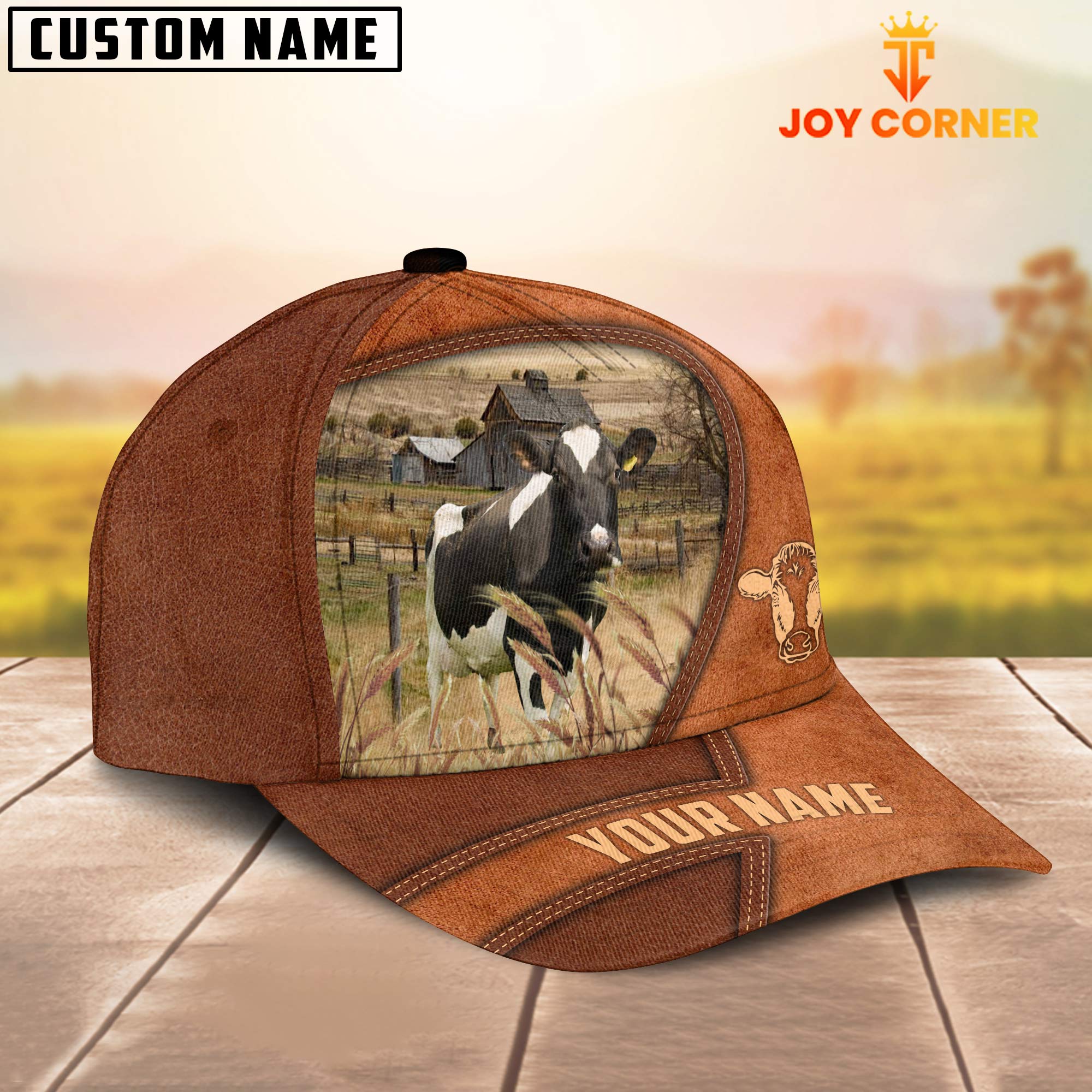 Holstein Customized Name Brown Leather Pattern Cap