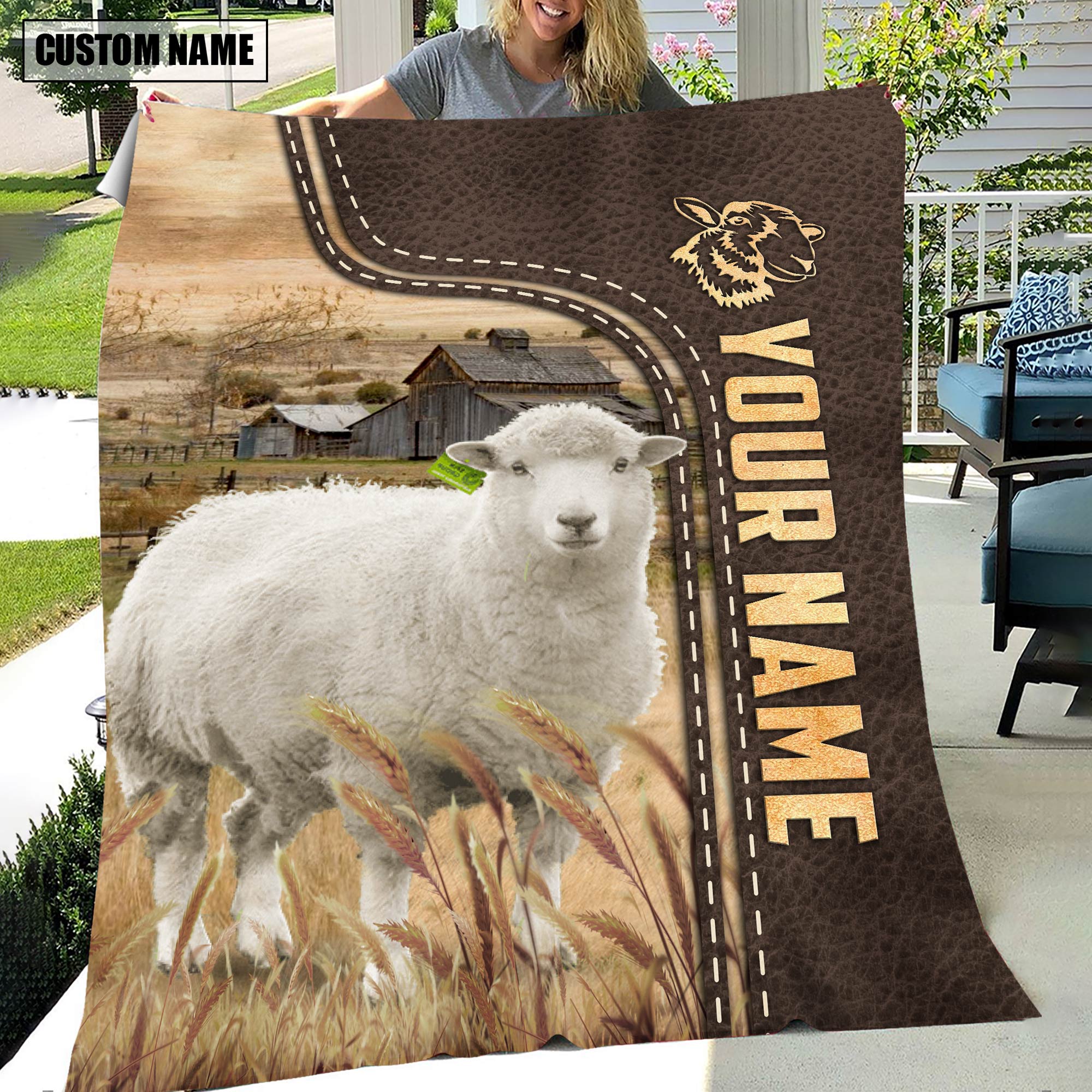 Personalized Name Sheep Leather Pattern Blanket