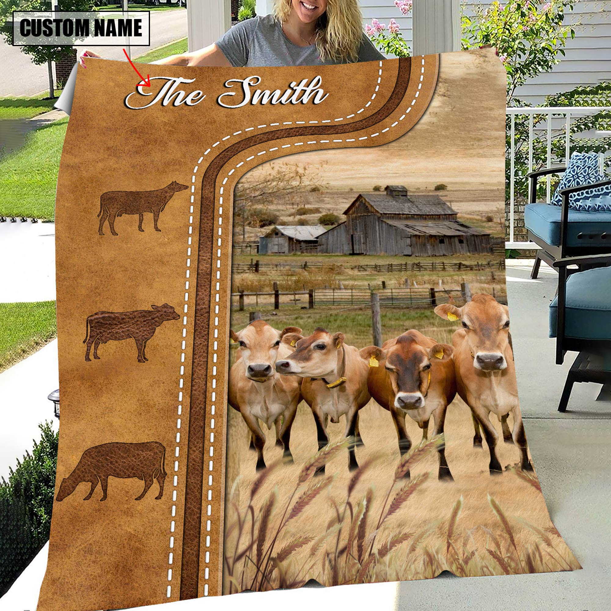 Personalized Jersey Cattle In Field Farmhouse Blanket
