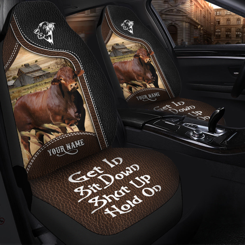 Beefmaster Personalized Name Black And Brown Leather Pattern Car Seat Covers Universal Fit (2Pcs)