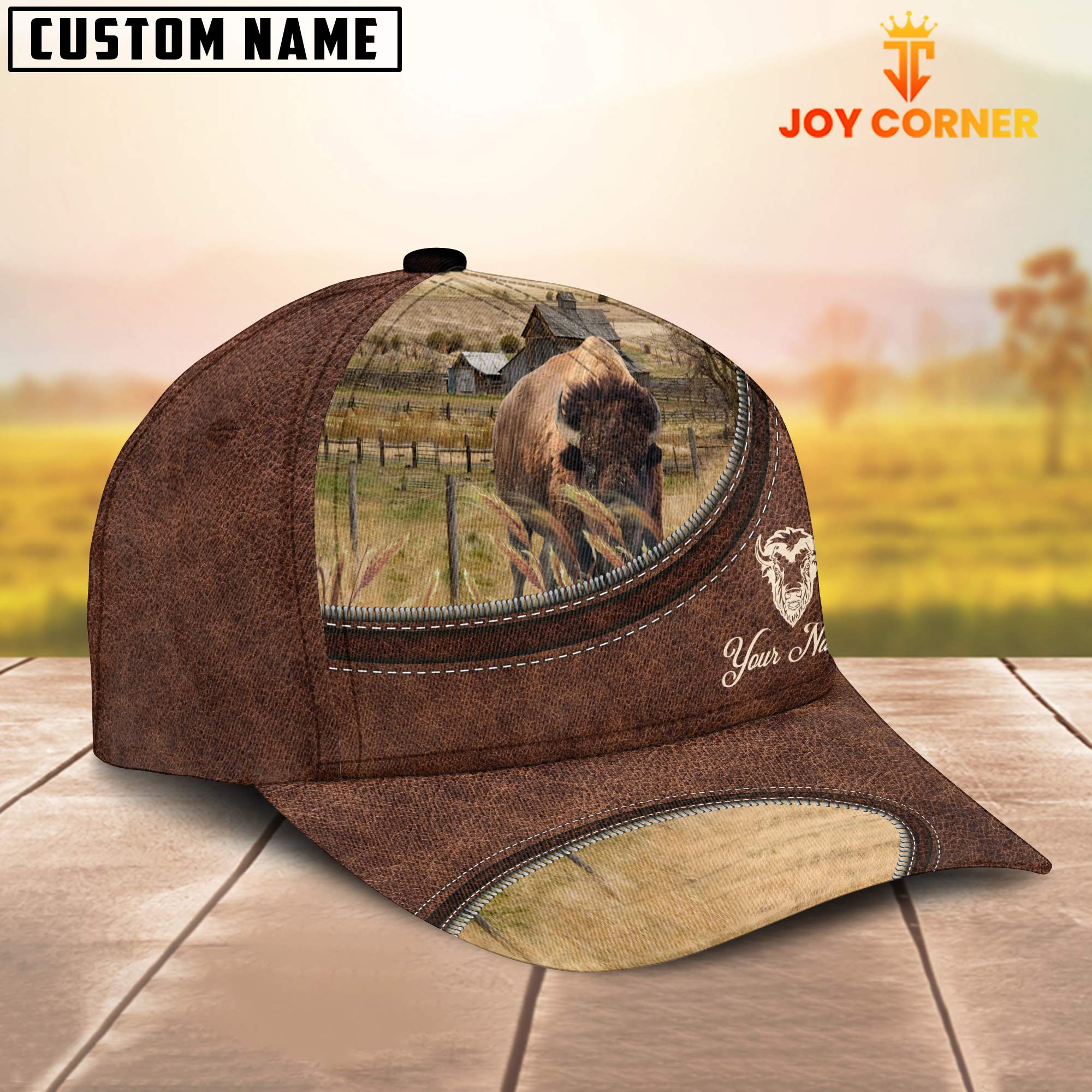 Buffalo On The Farm Customized Name Leather Pattern Cap