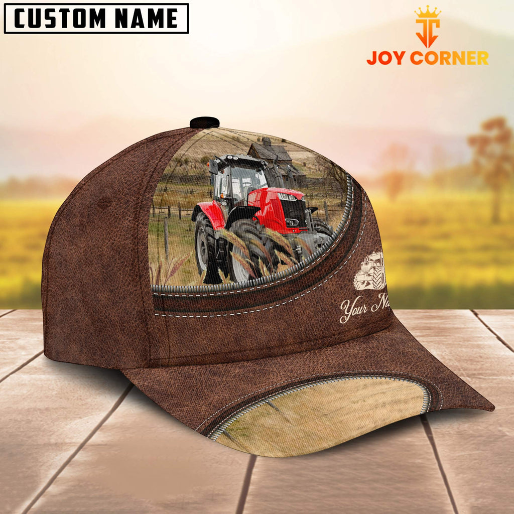 Red Tractor On The Farm Customized Name Leather Pattern Cap