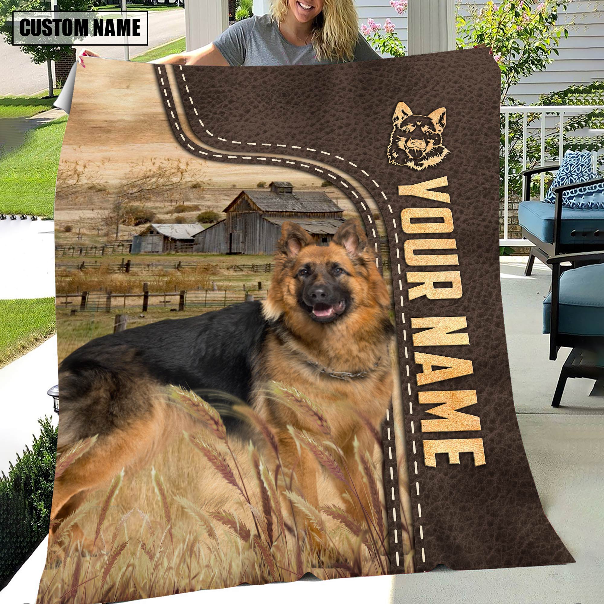Personalized Name German Shepherd Leather Pattern Blanket