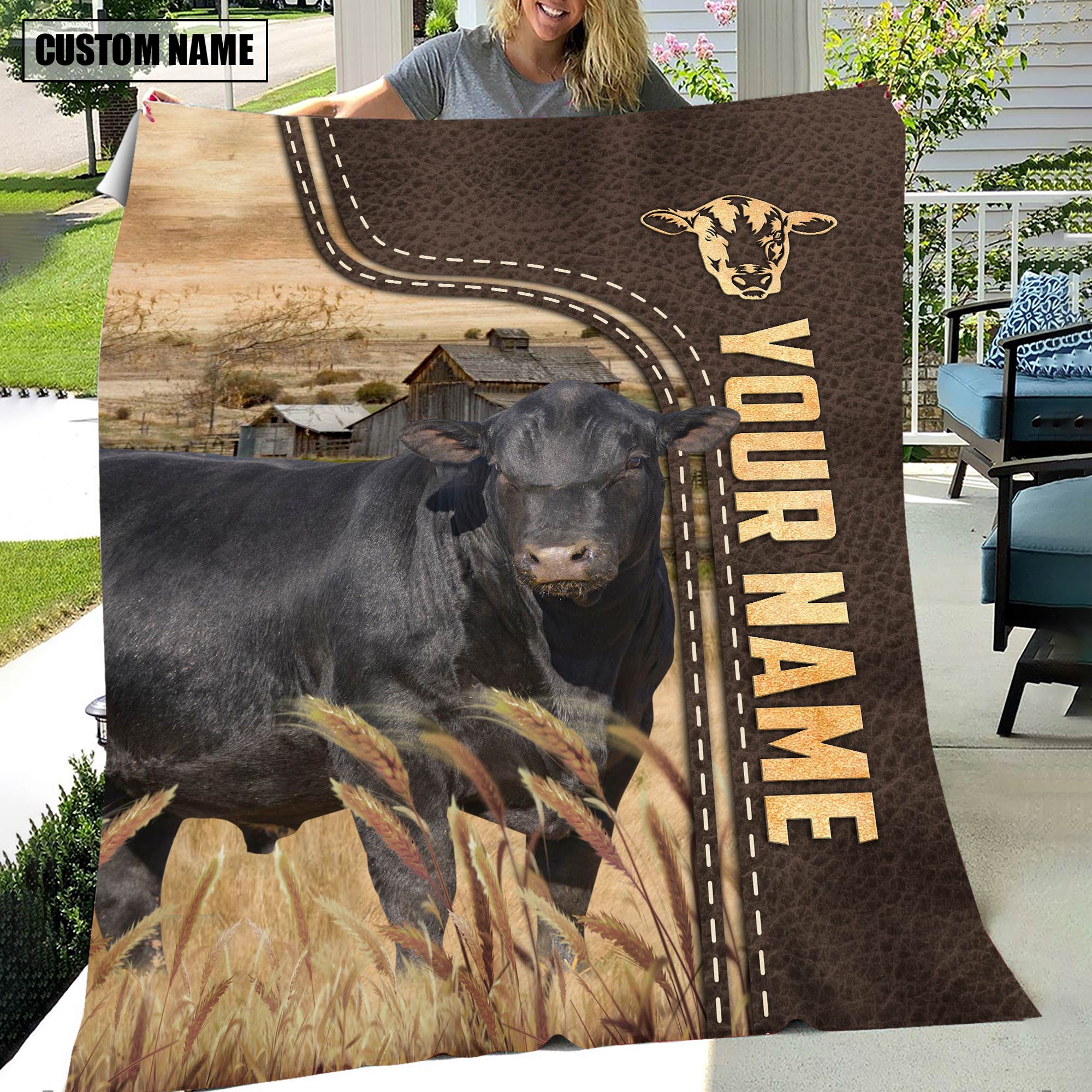 Personalized Name Sim Angus Leather Pattern Blanket