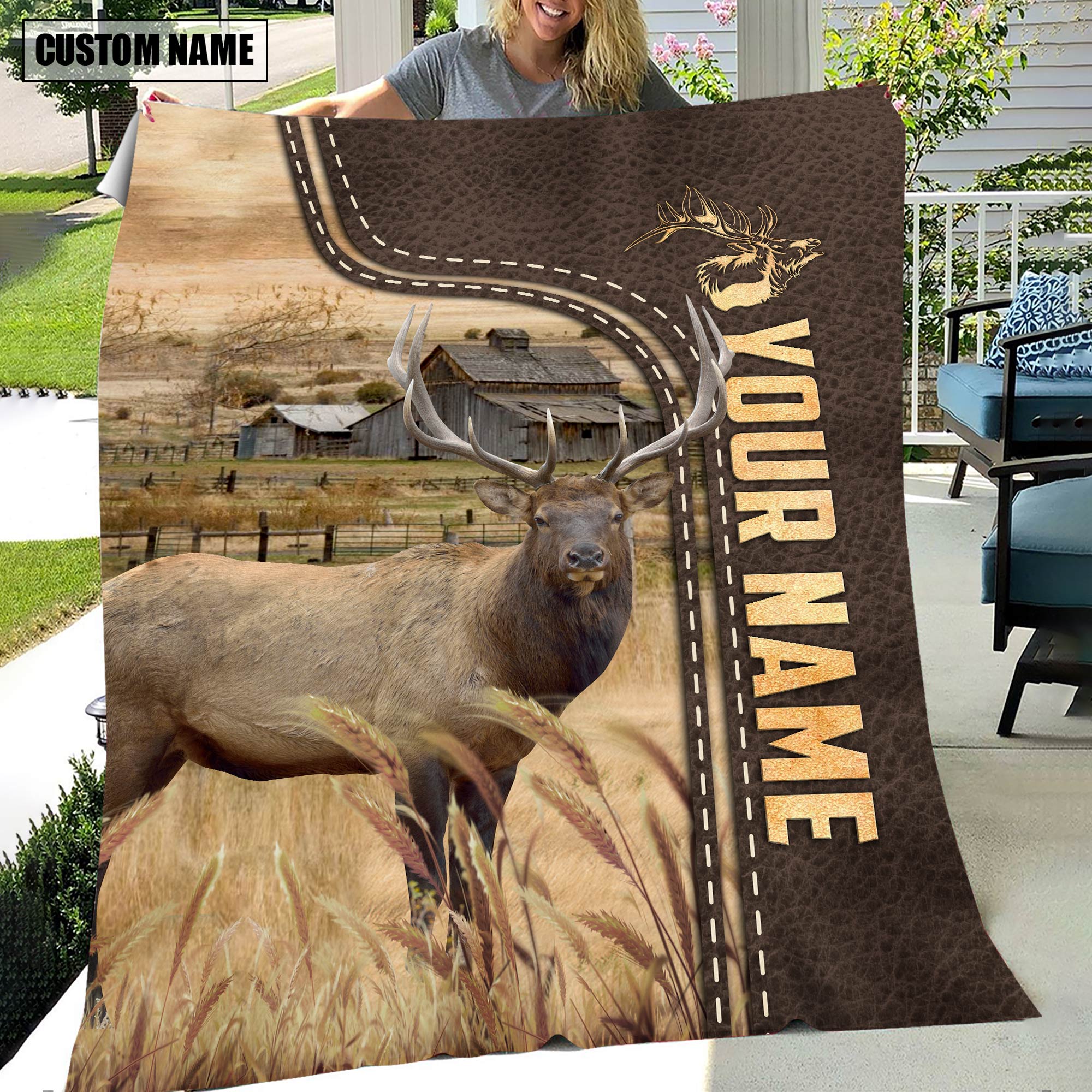 Personalized Name Elk Leather Pattern Blanket