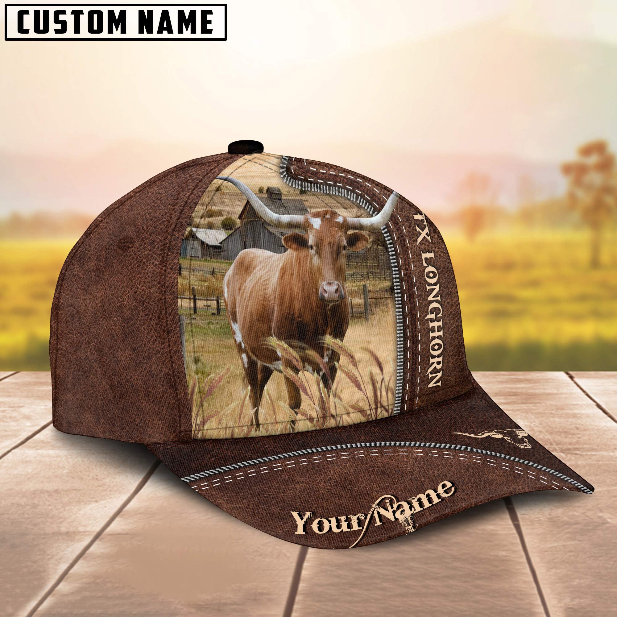 Texas Longhorn Customized Name Leather Pattern Cap